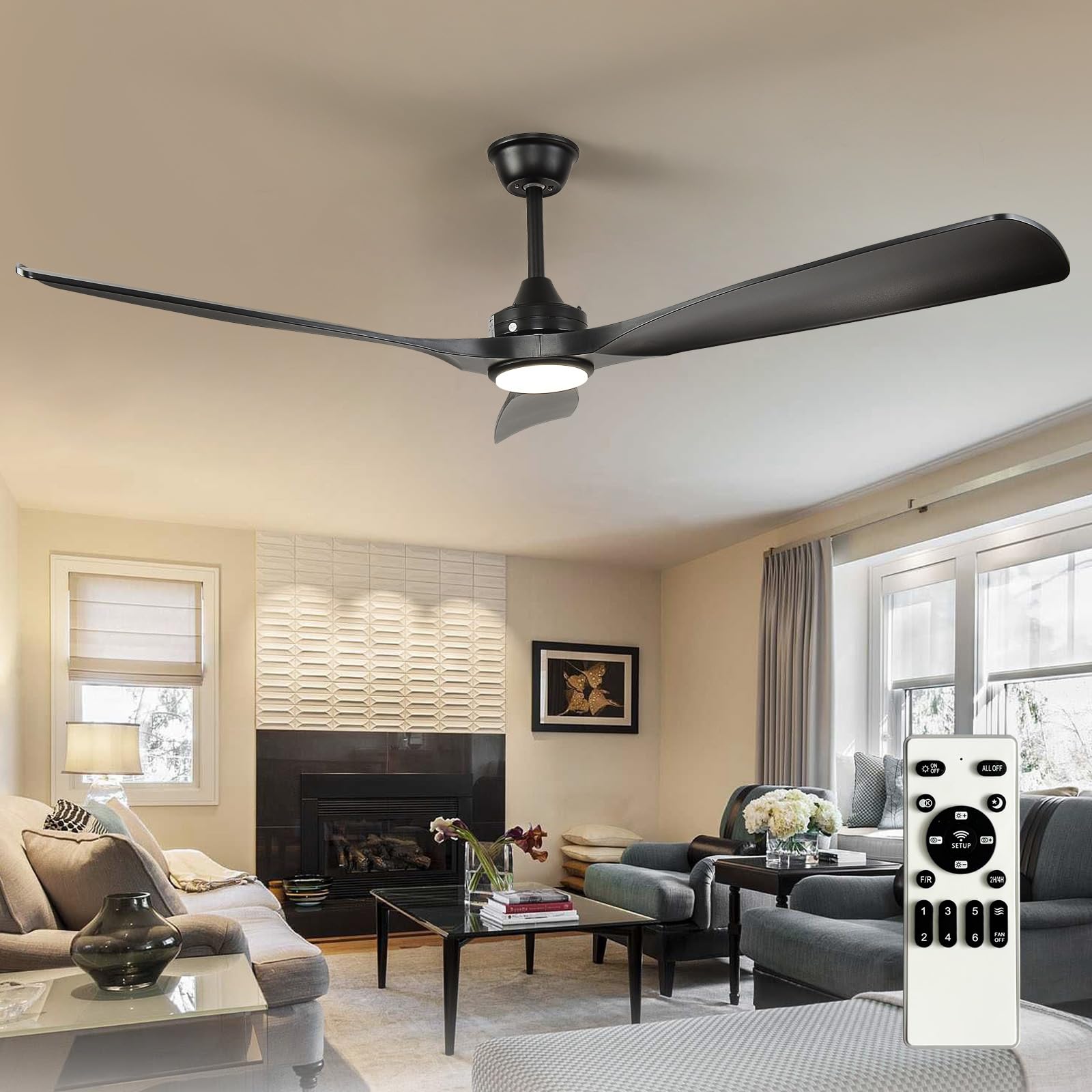 Depuley 60-Inch Ceiling Fan with Light: Black 3 Blade Outdoor Fans for Patios - Dimmable Indoor Fan with Remote Control Living Room Fandelier Ceiling Fans Ultra Quiet DC Motor Reversible 6 Speed