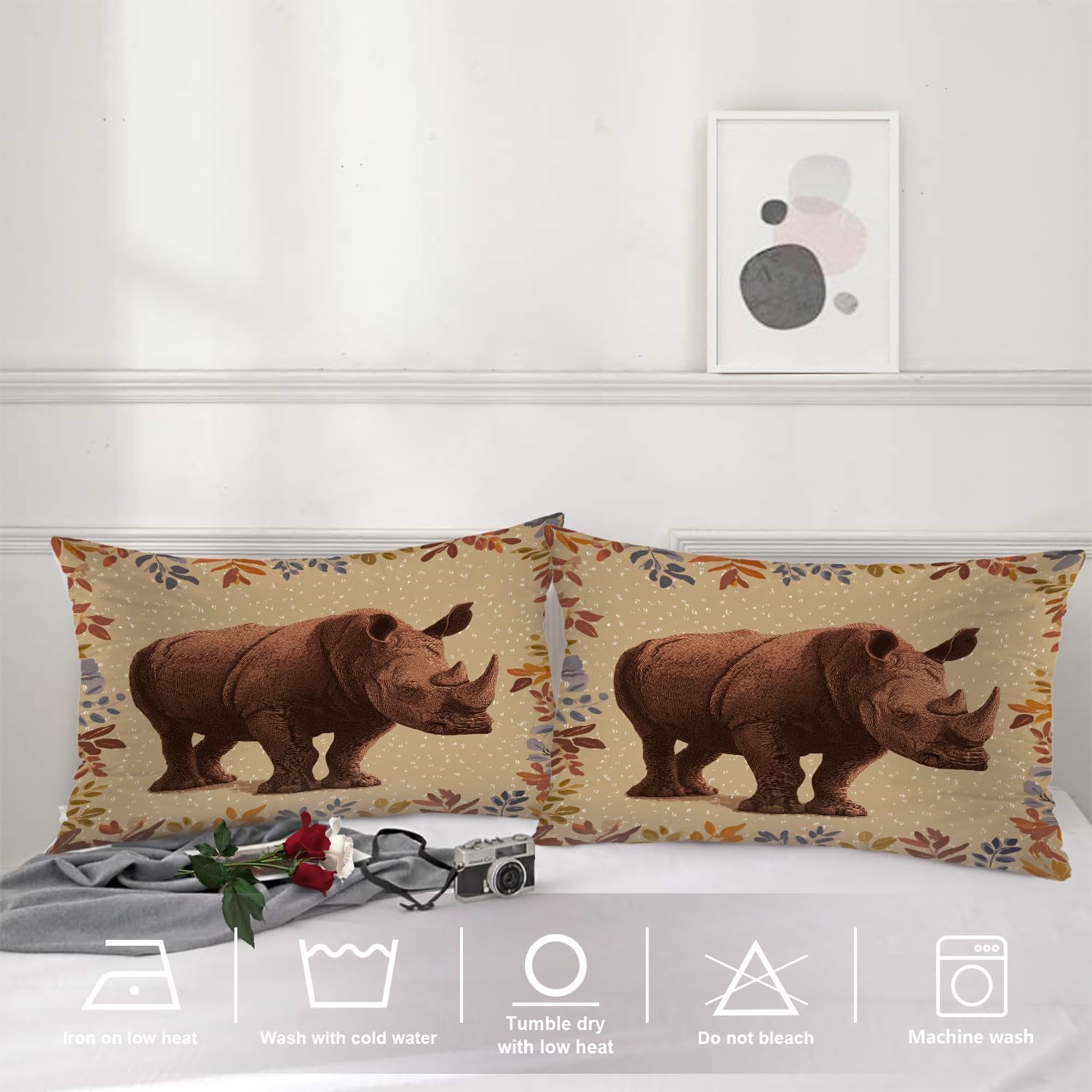 Shrahala Wild Rhinoceros Pillowcases, Rhinoceros in Floral Border Lumbar Pillow Cover Decorative Blended Double-Sided No Inserts for Bedroom Sofa Living Room Set of 2 (26 x 20 in)