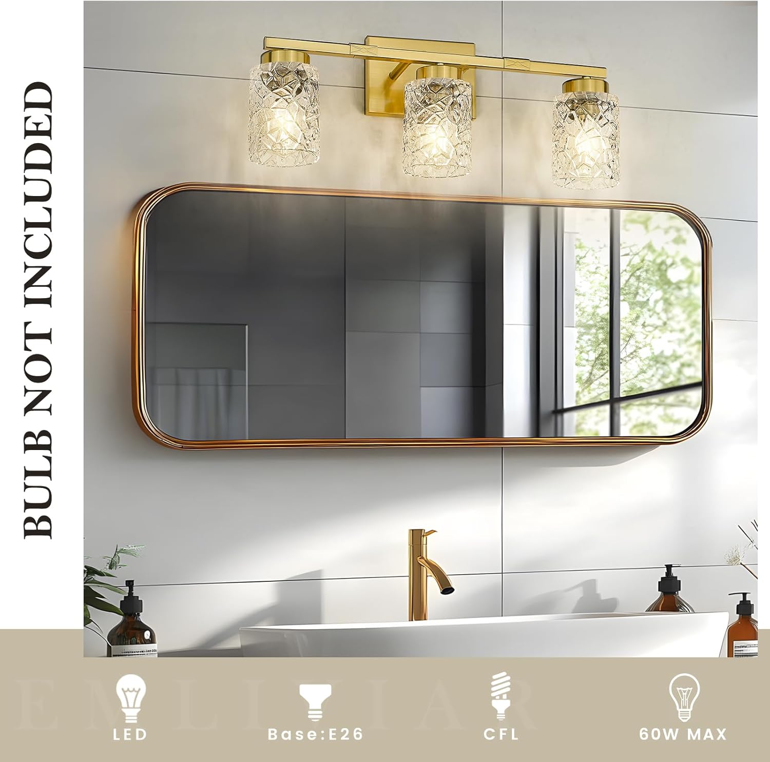 Emliviar 3-Light Brushed Gold Bathroom Vanity Light Fixture, 3 Bulb Wall Lamp Over Mirror 22 Inch, Clear Geometric Glass, HE294B-3W BG