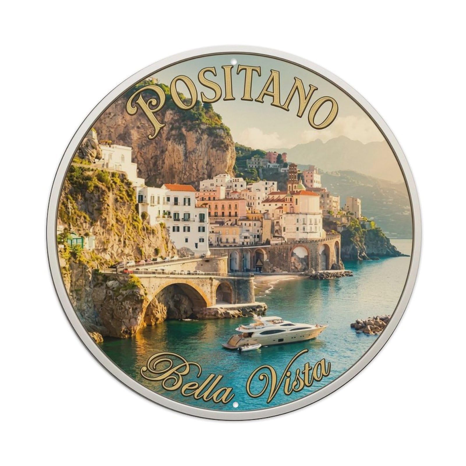 Mediterranean Crest Amalfi Coast Positano Retro Seaside Metal Tin Sign Plaque Wall Decor for Cafe, Man Cave, Club Bar, Office, Home Garden Round Metal Poster 8x8Inch
