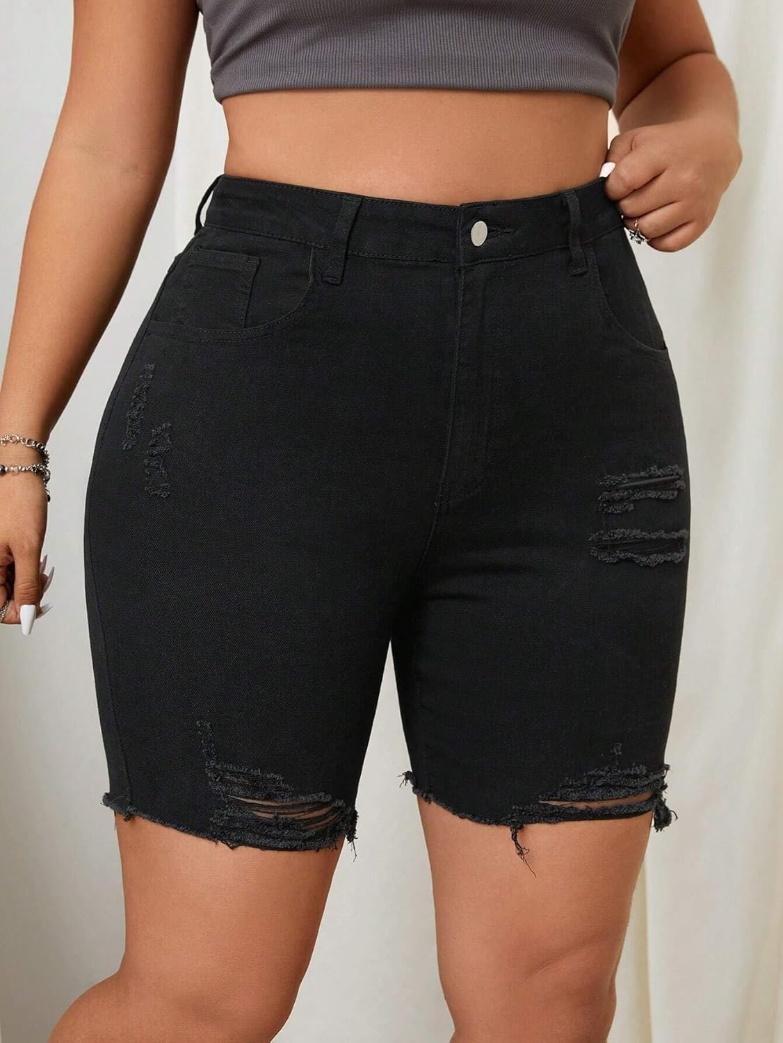 Women's Distressed Denim Bermuda Shorts, High Waist, Black, Ripped - Image 4