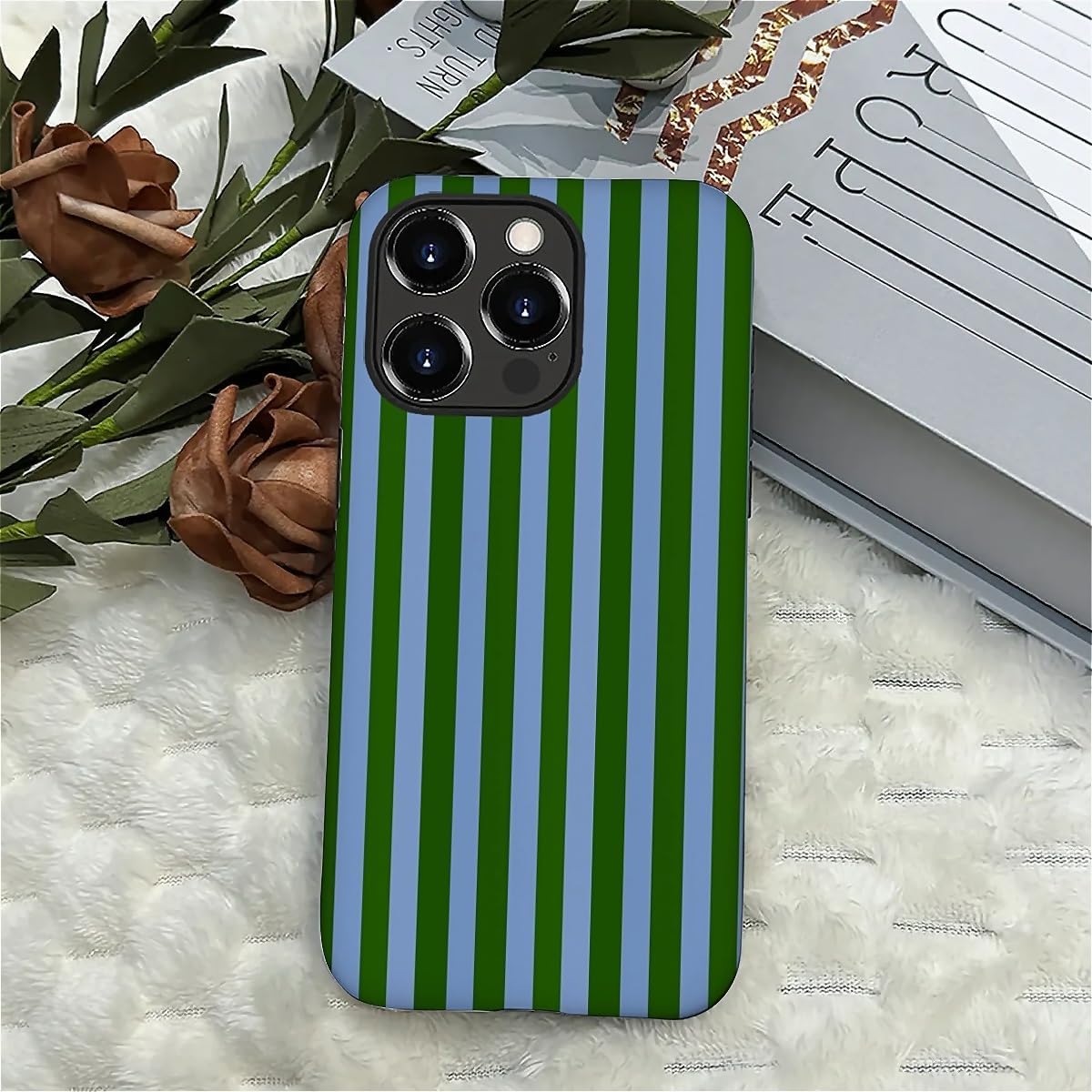 Compatible with iPhone 16 Pro Matte Case, Green and Blue Stripes Geometric Vertical Line Pattern for Girl Full Body Design Soft Silicone Drop Shock Scratch Protection - Image 7