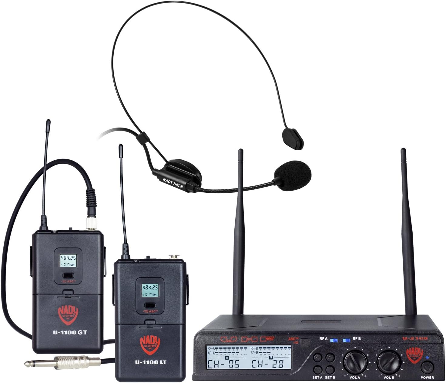 Nady U-2100 Dual Combo HM-GT 200-Channel UHF Wireless Headset Microphone and Instrument/Guitar System