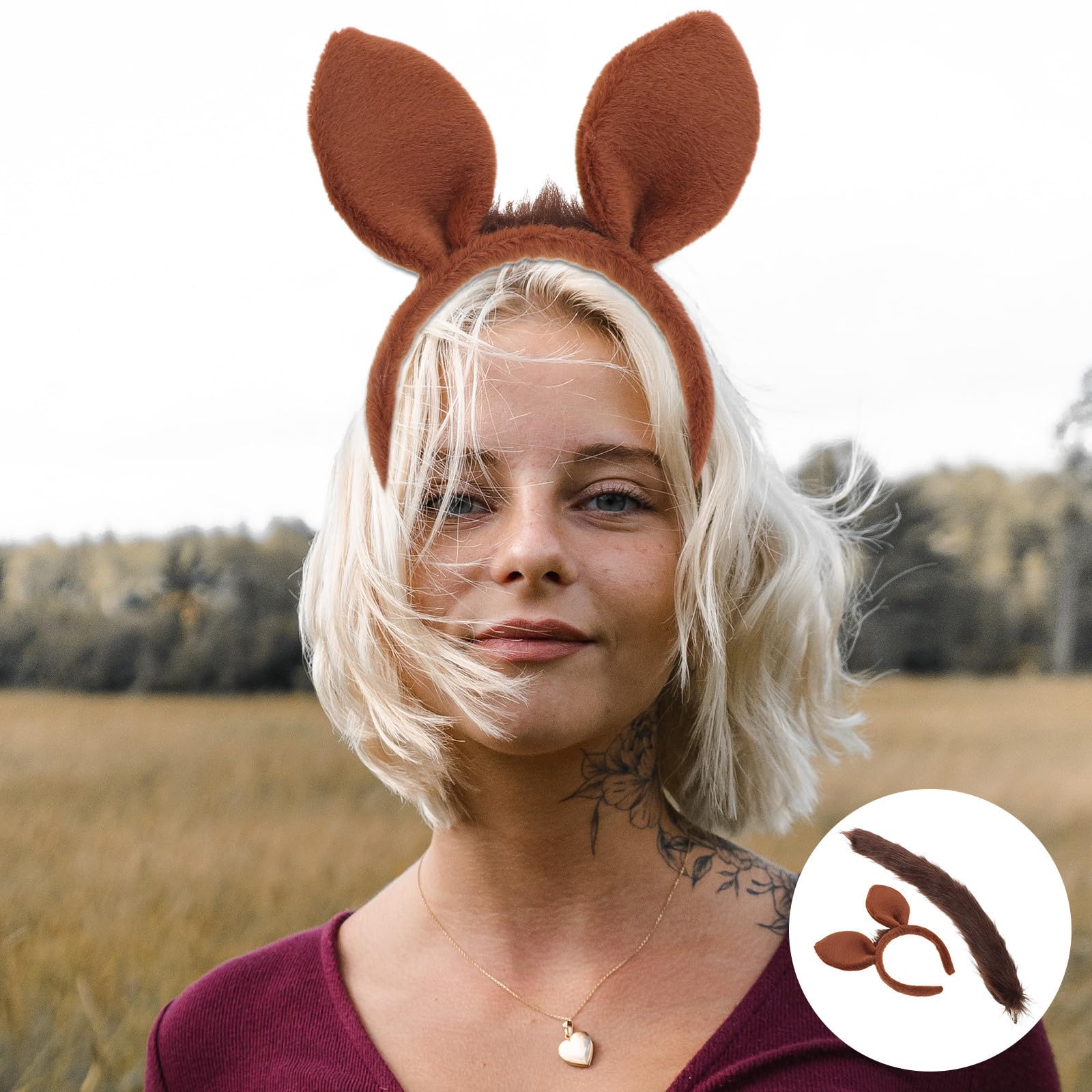 Healvian 4 Juegos Diadema Orejas de Caballo de Felpa Marrón para Cosplay y Festivales, Diseño Realista y Cola Ajustable para Máxima Comodidad en Adultos