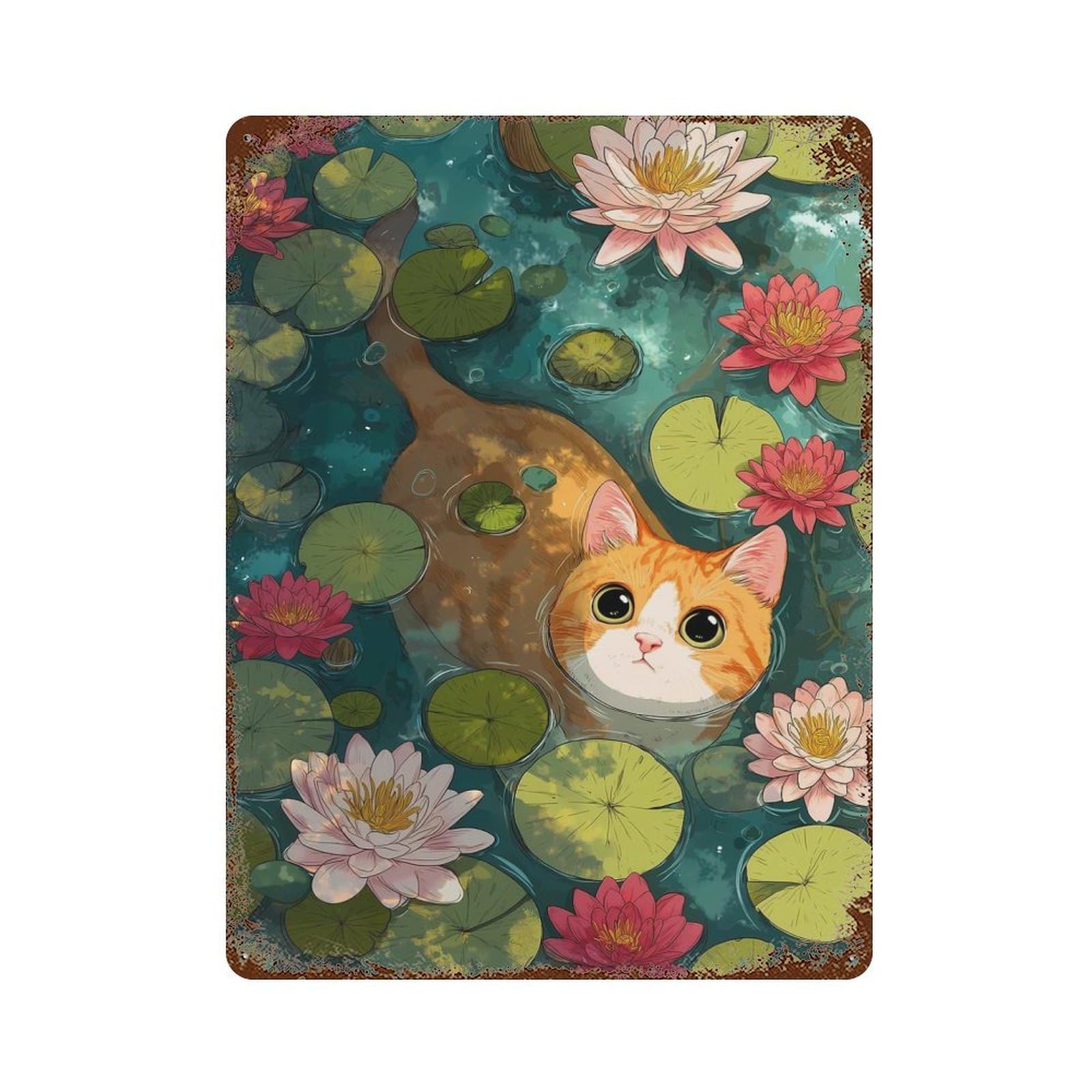 Rust Effect Orange Cat Swim in Lily Pond Distressed Metal Wall Sign 15.7"x11.8", Decorative Metal Wall Art for Living Room, Hallway And Home Decor
