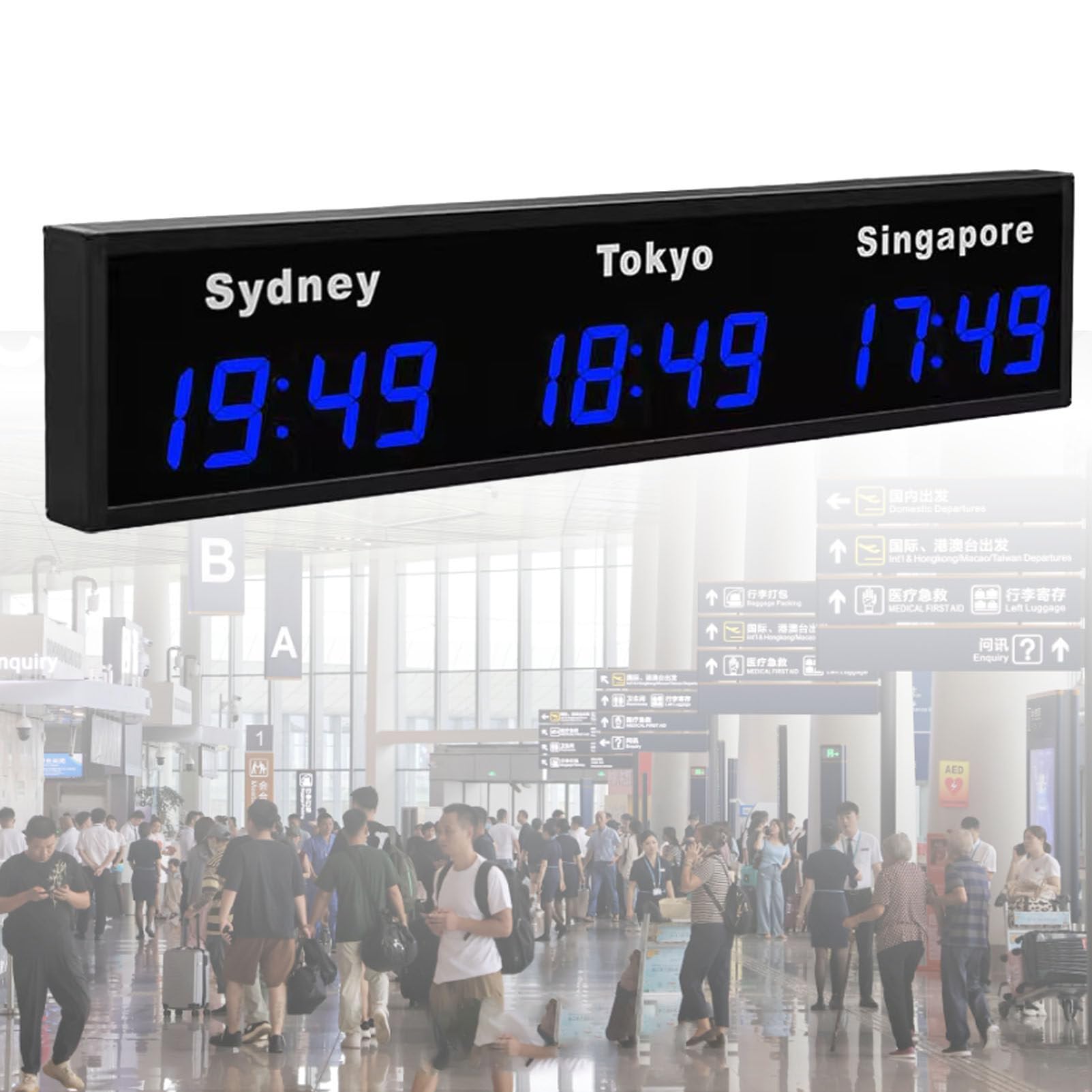 KUNYOS World Time Zones Clock, LED Digital Multiple 3/4/5 Cities Wall for Hotels/Enterprises/Airports/Multinational Enterprises Blue-3City (3city Blue)