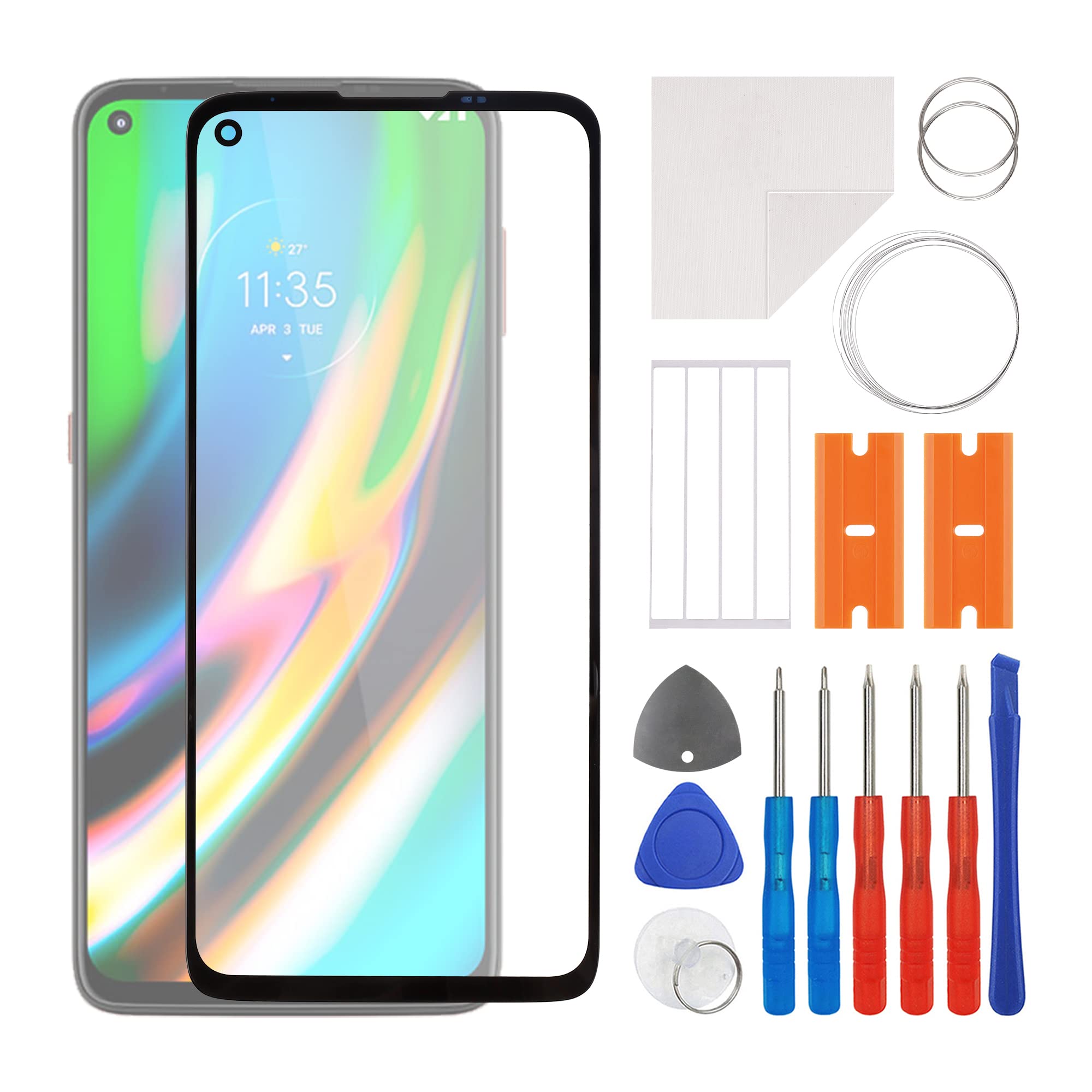 Front Screen Glass Outer Panel Lens Replacement +OCA Compatible with Moto G9 Plus XT2087-1 (No LCD Screen and Touch Digitizer) with Repair Kit