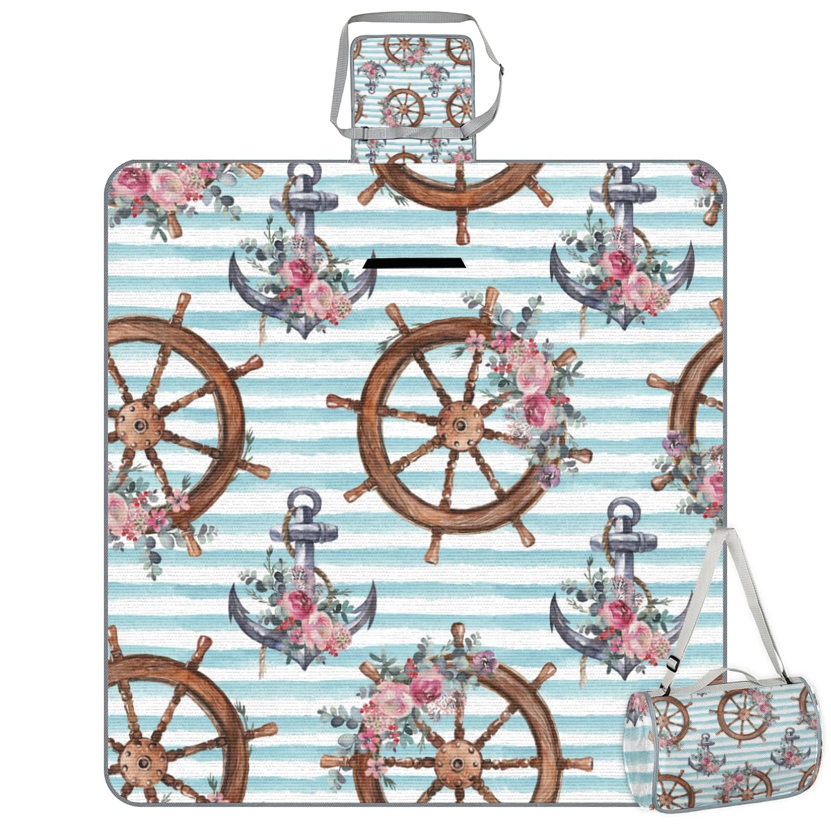 Shimoshe Picnic Blankets 57”x 59”, Flower Anchor Rudder Waterproof Sandproof Picnic Mat Lightweight Foldable Beach Blanket for Camping Park Grass Beach Outdoor Blanket