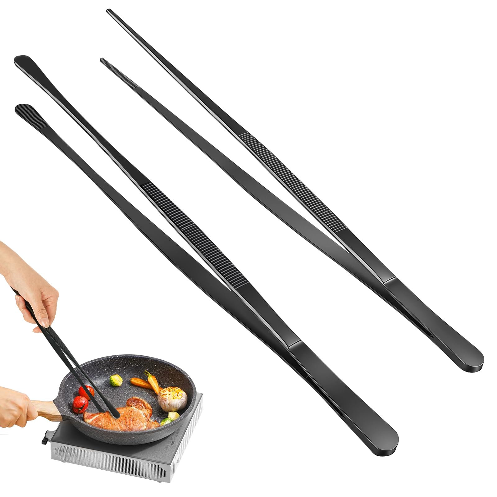 Kitchen Tweezers Tongs 2pcs, 30cm Extra-Long Non-Slip Cooking Tweezers, Stainless Steel Metal Food Tongs, for BBQ, Frying, Salad, Hot Pot, Air Fryer, Black - Straight Head + Round Head — view 8