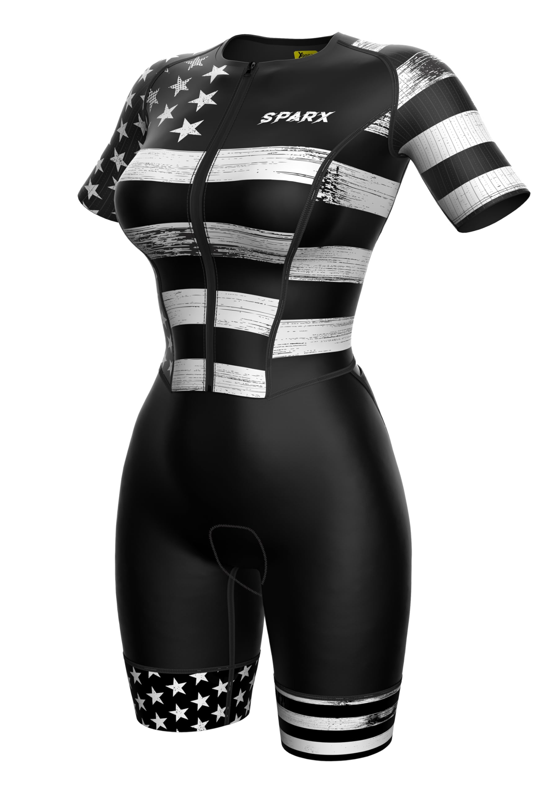 Sparx Aero Triathlon Suit Women Short Sleeve Tri Suit Women Running Swimming Cycling Skinsuit (Black & White Flag, Small)