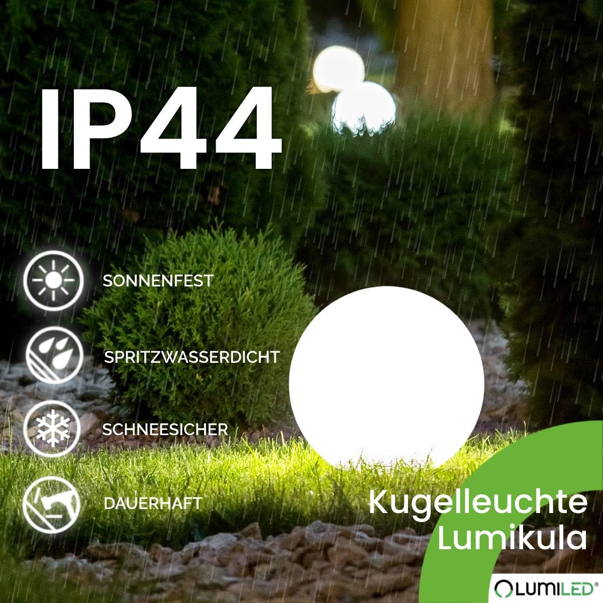 Lumiled Kugelleuchte Außen Weiß Ø30cm E27 IP44 Kugellampe | Milchig, Gartenkugel, Lichtkugel, Wetterfest, Inkl. Anschlusskabel 1,95m, Außenkugelleuchte für Garten, Wege und Terrasse