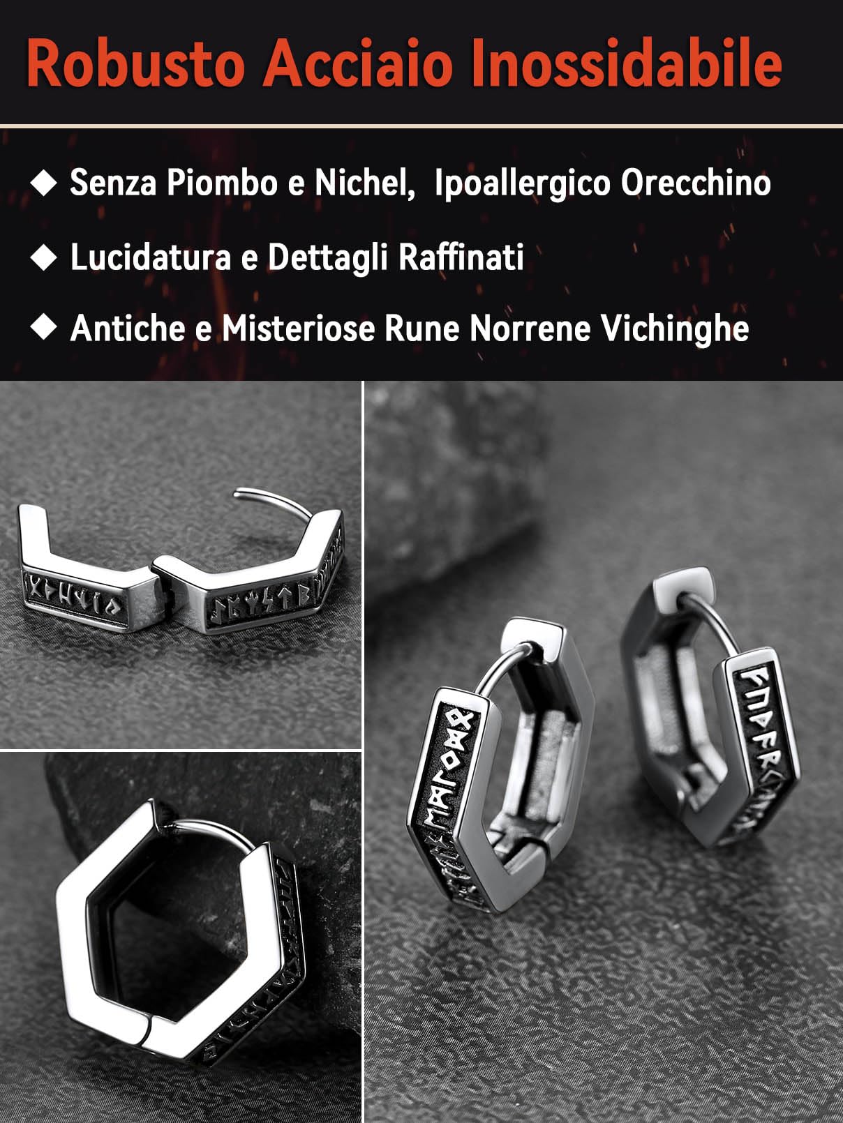FaithHeart Uomo Donna Orecchini Cerchio di Rune Vichinghe Rune Celtiche Orecchini Cerchio Argento 925 / Acciaio Inox Antiallergico con Onice Gioielli Amuleto Nordico