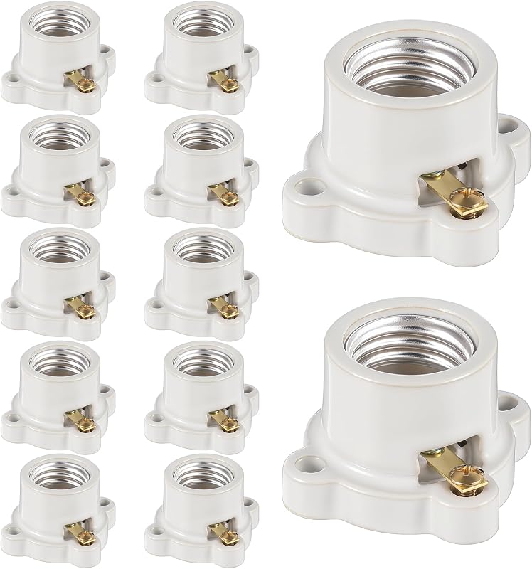 12 Pcs Porcelain Lamp Holder Socket E26/E27 Medium Keyless Threaded Socket with Two Hole Flanged Mounting 660W 250V Medium Base Lampholder Cleat Sockets for Indoor Garage Closet Lighting