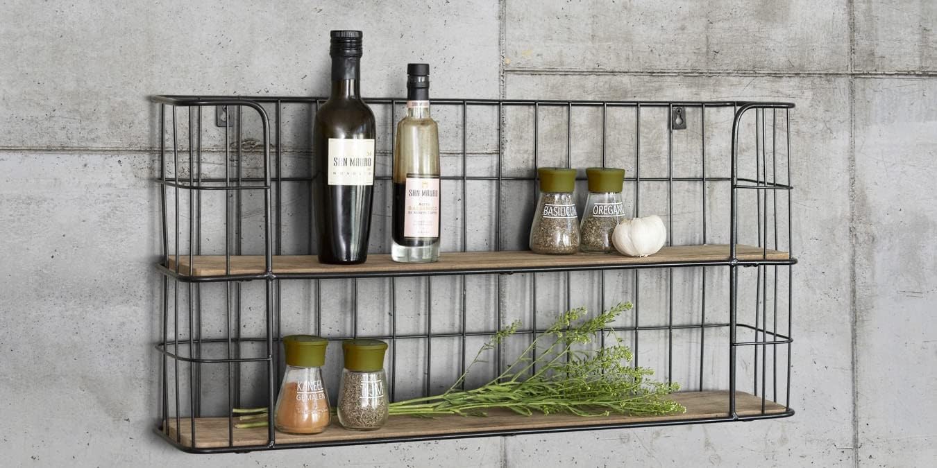 LIFA LIVING Rectangle Wall Shelf Unit, 2 Tier Kitchen Bedroom Living Room Floating Shelves, Wooden & Black Metal Mounted Shelves, Decorative Hanging Shelves, Pre-Assembled, 26.2 x 5.6 x 13 inch