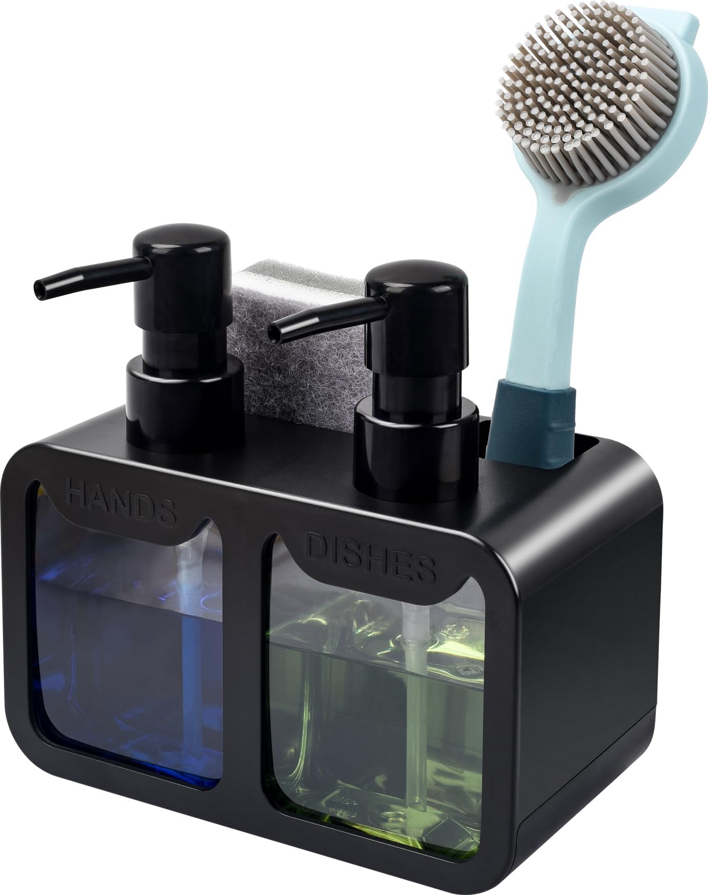 GINZERDish Soap Dispenser for Kitchen Countertop with Sponge Caddy and Brush Holder - Refillable Non-Slip Dual Pump 4-in-1 Dispenser Soap Dispenser for Kitchen Sink, Essential Kitchen Gadgets – Black