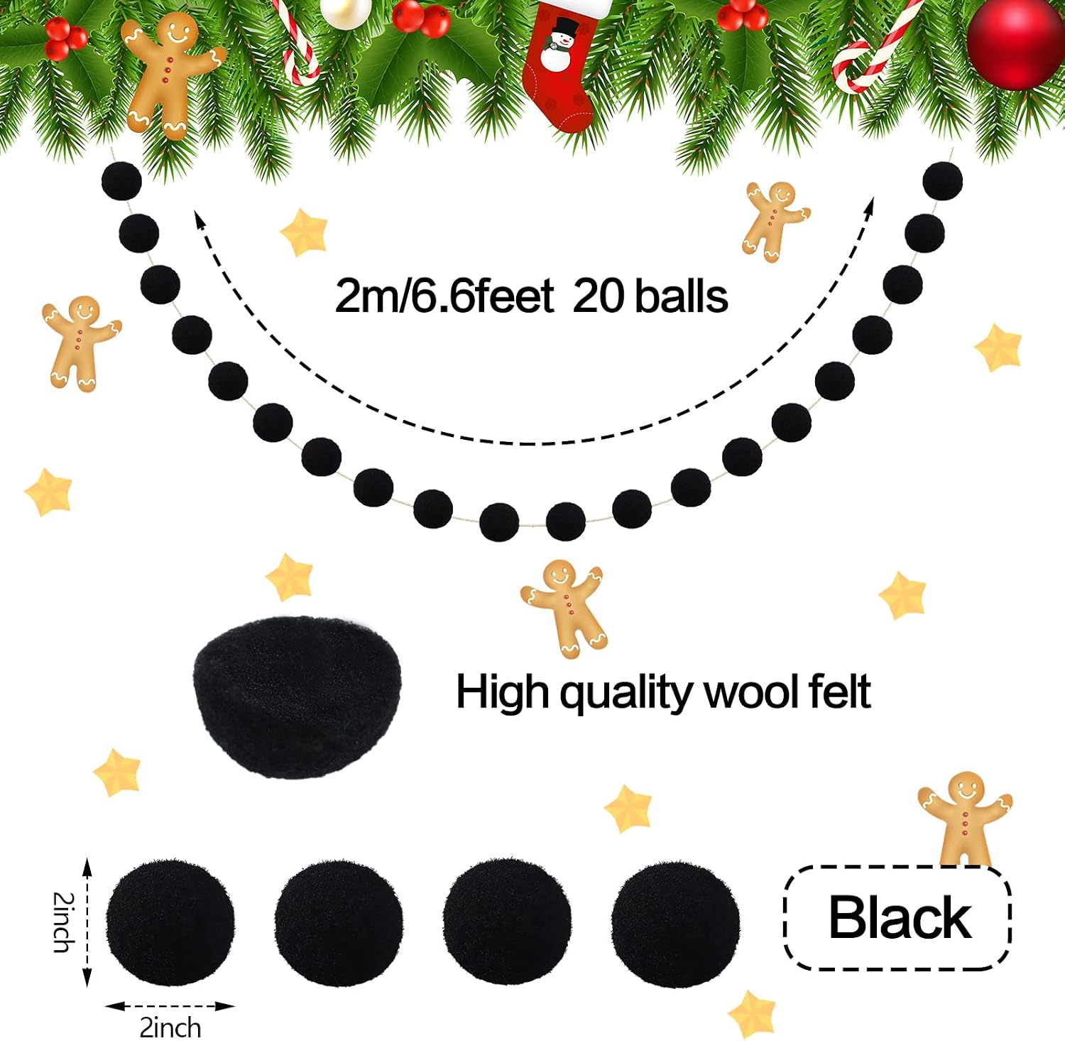 Tegeme 4 Pcs Pom Poms Garland 6.6ft Ball Banner Party Decor,Black