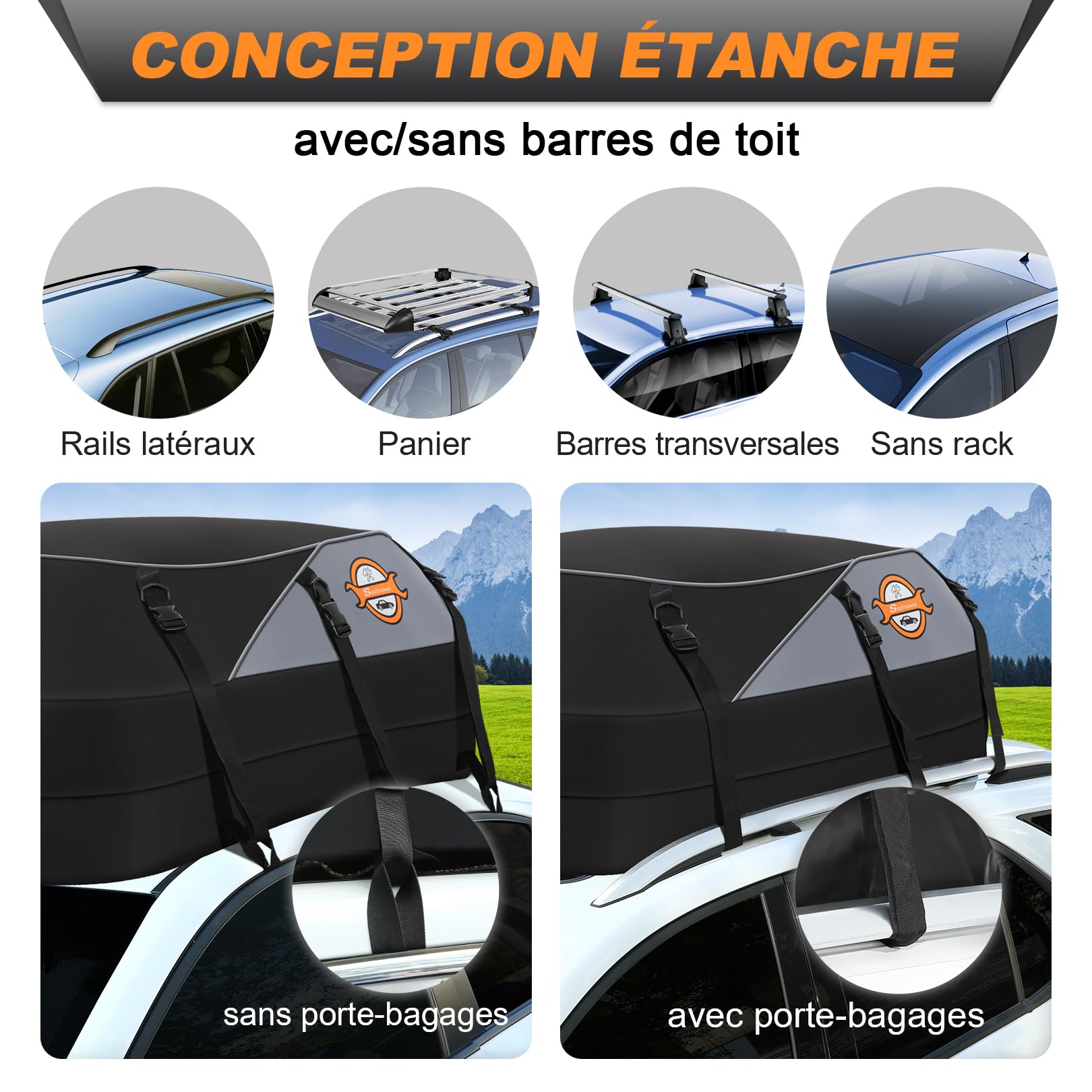 Sailnovo Cofre de Techo, 580 l, Cofre de Techo Impermeable con o sin portaequipajes, 6 Ganchos de Seguridad y Bolsa de Almacenamiento incluidos.