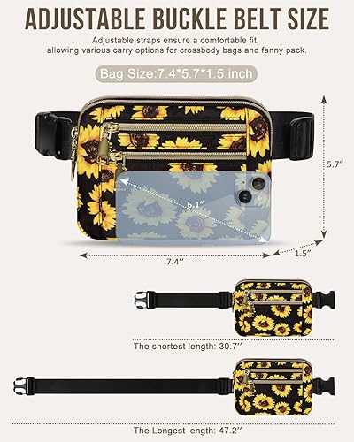 Miniatura 5 de Capolo Riñoneras para mujer con correa ajustable y 4 bolsillos con cremallera, impermeable, para entrenamiento, correr, viajar, Girasol, Riñonera