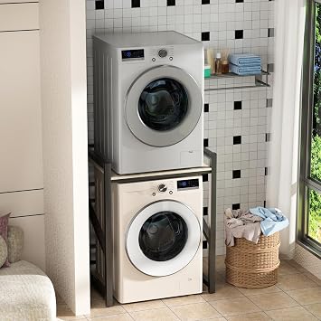 Washer Dryer Stand Stacking Kits, Height Adjustable Washing Machine Shelf, Over Washer Storage Rack, Tumble Dryer Stand Washer Shelf for Laundry Bathroom, Up to 250KG (Black) [Energy Class A+]