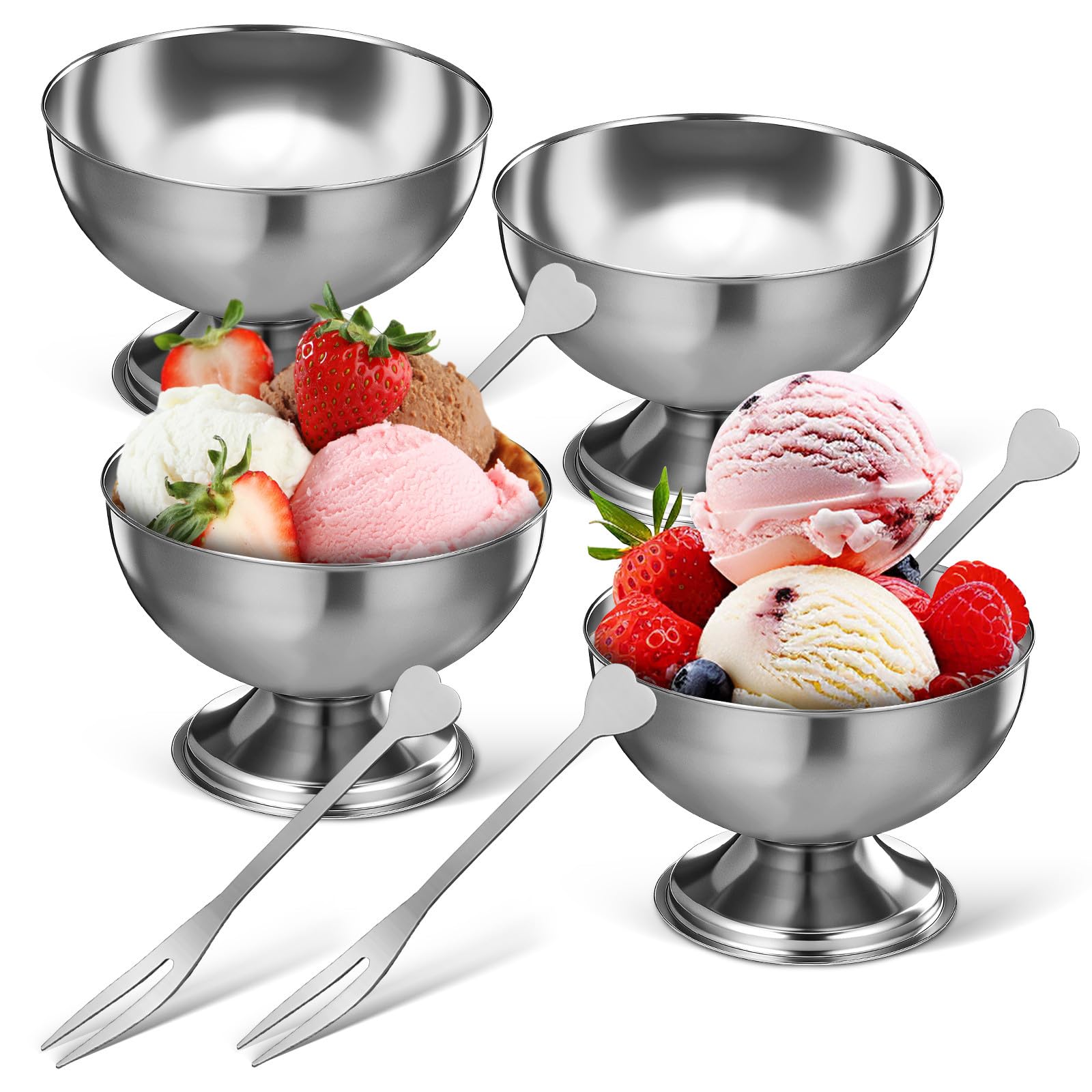 NUOBESTY Lot de 4 Coupes à Glace en Acier Inoxydable : Coupes à Dessert sur Pied pour Servir en Famille Des Glacées, Des Yaourts Serts, Des Gâteaux Et Salades.