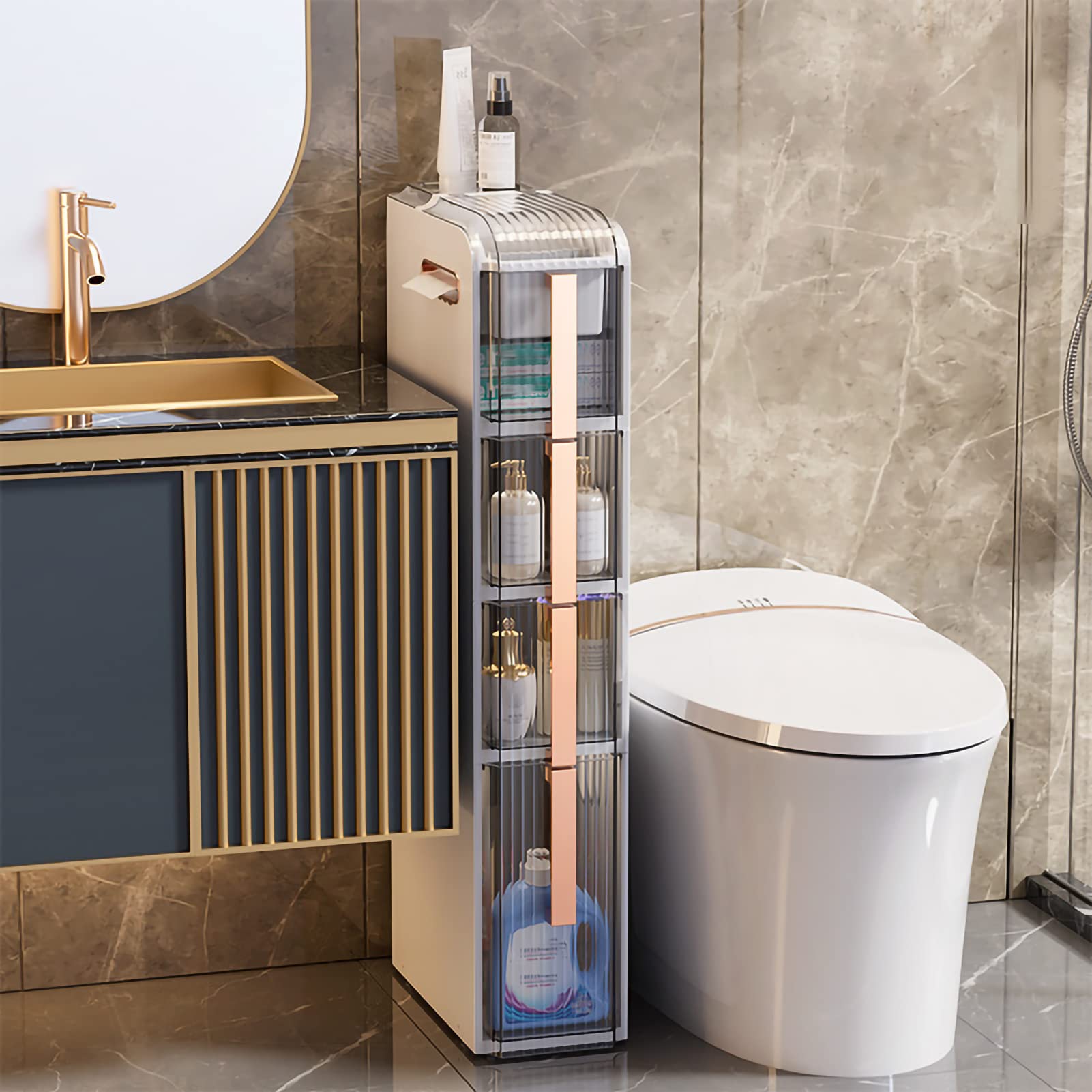 Armadietto da bagno stretto a 4 ripiani, con cassetto per carta igienica e cassetti trasparenti, cassettiera verticale con maniglia facile da tirare e rotelle, grande capacità, per ingresso e