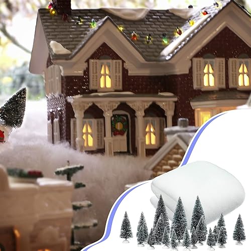 Miniatura 7 de Rollo de manta de nieve de Navidad de 40 x 60 pulgadas y 19 piezas de mini árboles de sisal, cepillo para botella, árbol, cubierta de nieve gruesa