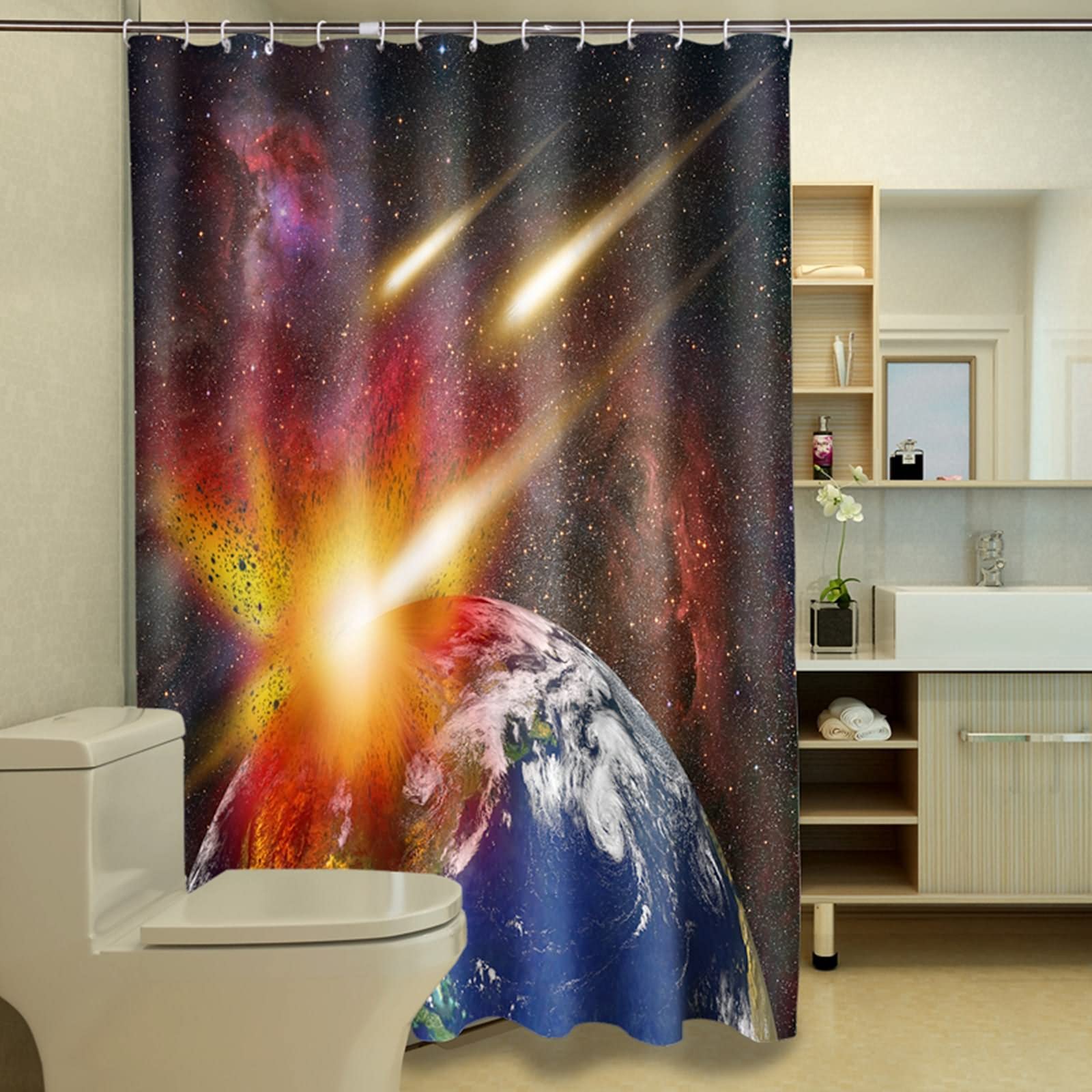 Rideau de douche japonais grand format 200x180 motif meteorite 3D