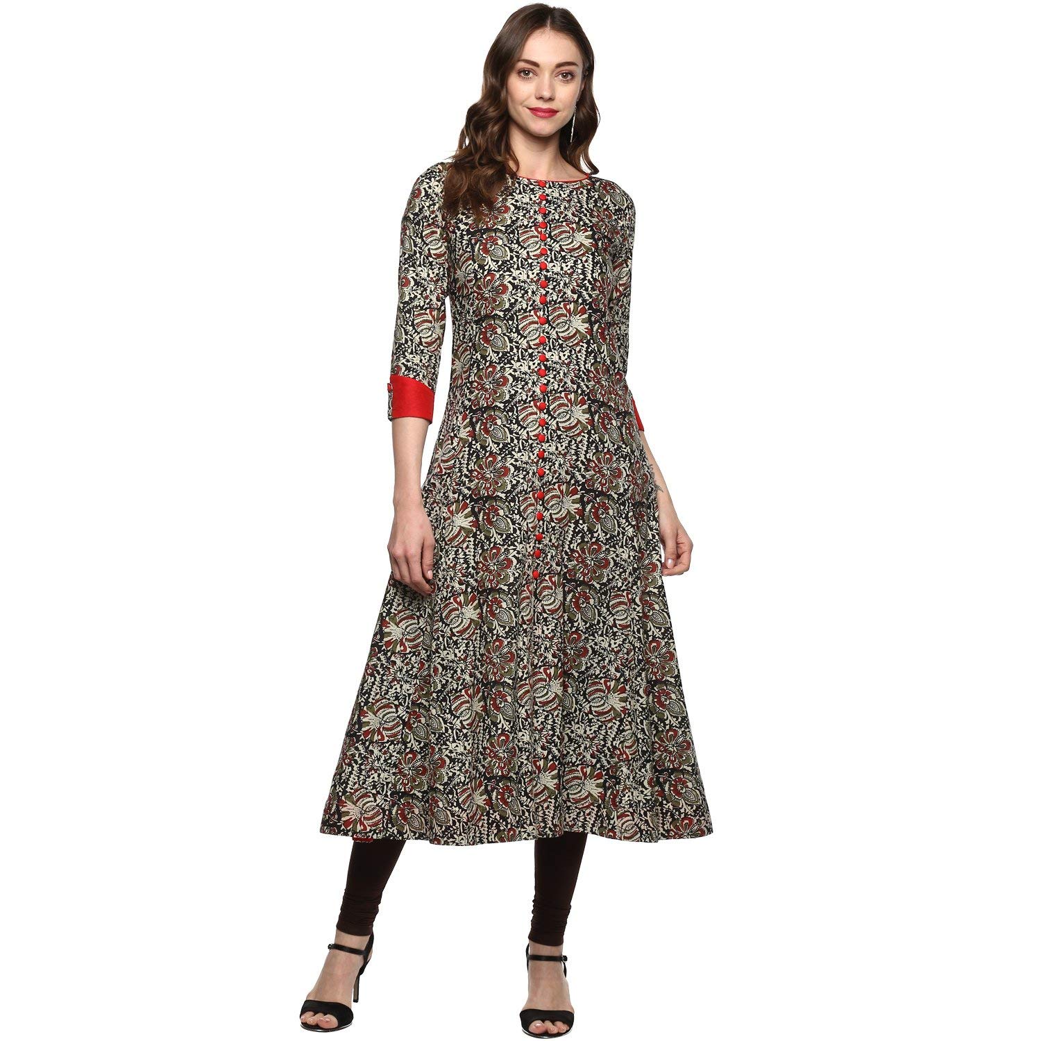 Yash GalleryWomen's Kalamkari Print Cotton Anarkali Kurta (Red, Medium)