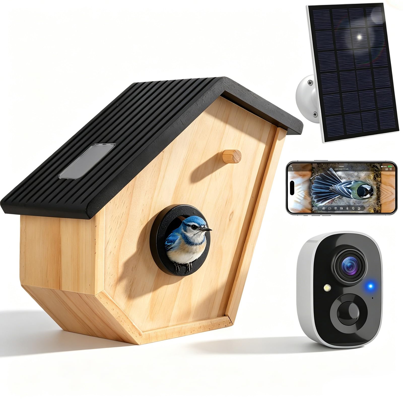 Mangeoire intelligente en bois premium avec caméra 2K étanche pour oiseaux de jardin