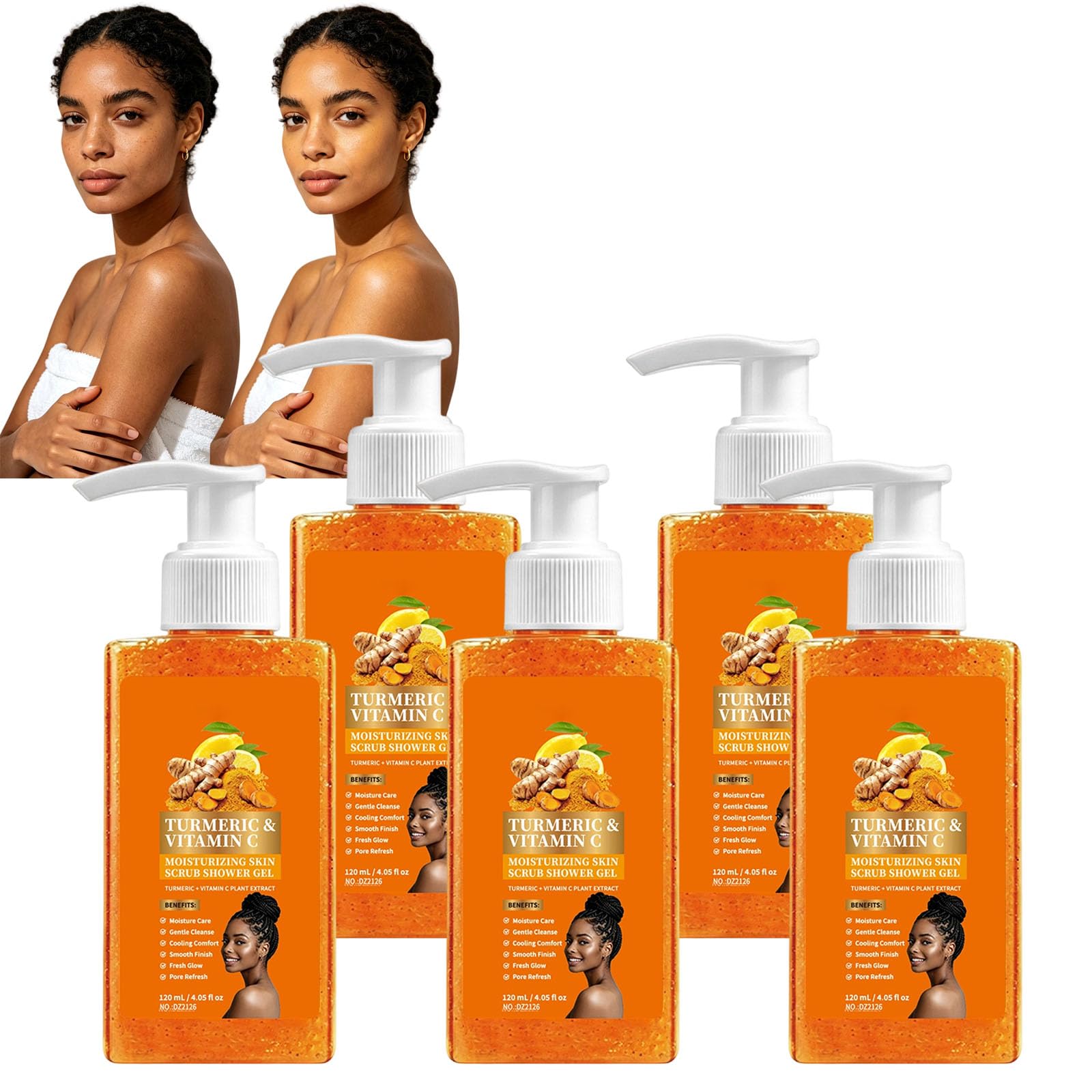 Gel Doccia Scrub Con Curcuma E Vitamina C - Detergente Esfoliante per corpo per uomini e donne, trattamento quotidiano idratante per pelle secca, gel detergente (5 pezzi)