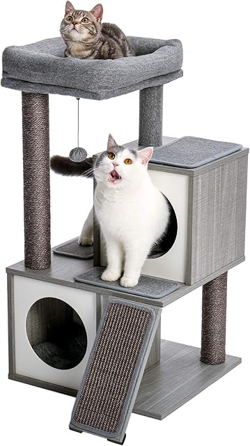 Amazon Brand  Eono Modern Wood Cat Tree Cats Tower Sisal Scratching Post Kitten Furniture Activity Centre with Condo Playhouse Dangling Toy Grey Height 34"