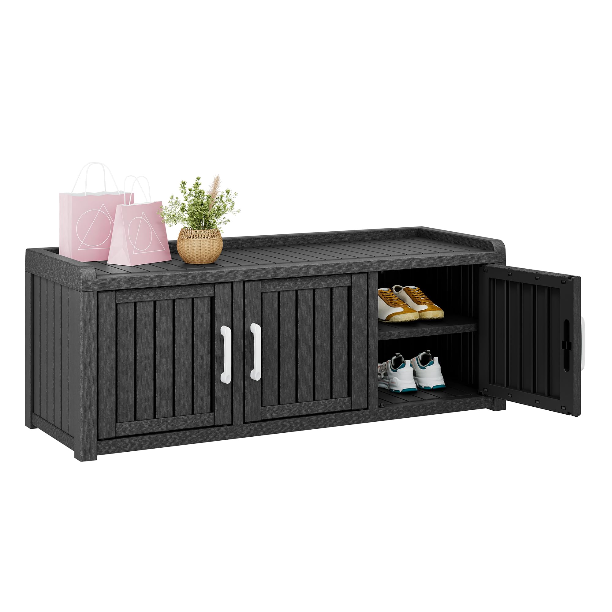 Bifanuo Shoe Storage Cabinet, 3 Door Outdoor Storage Bench with Adjustable Shelves, Waterproof UV-Resistant for Hallway, Living Room, Entryway, Large