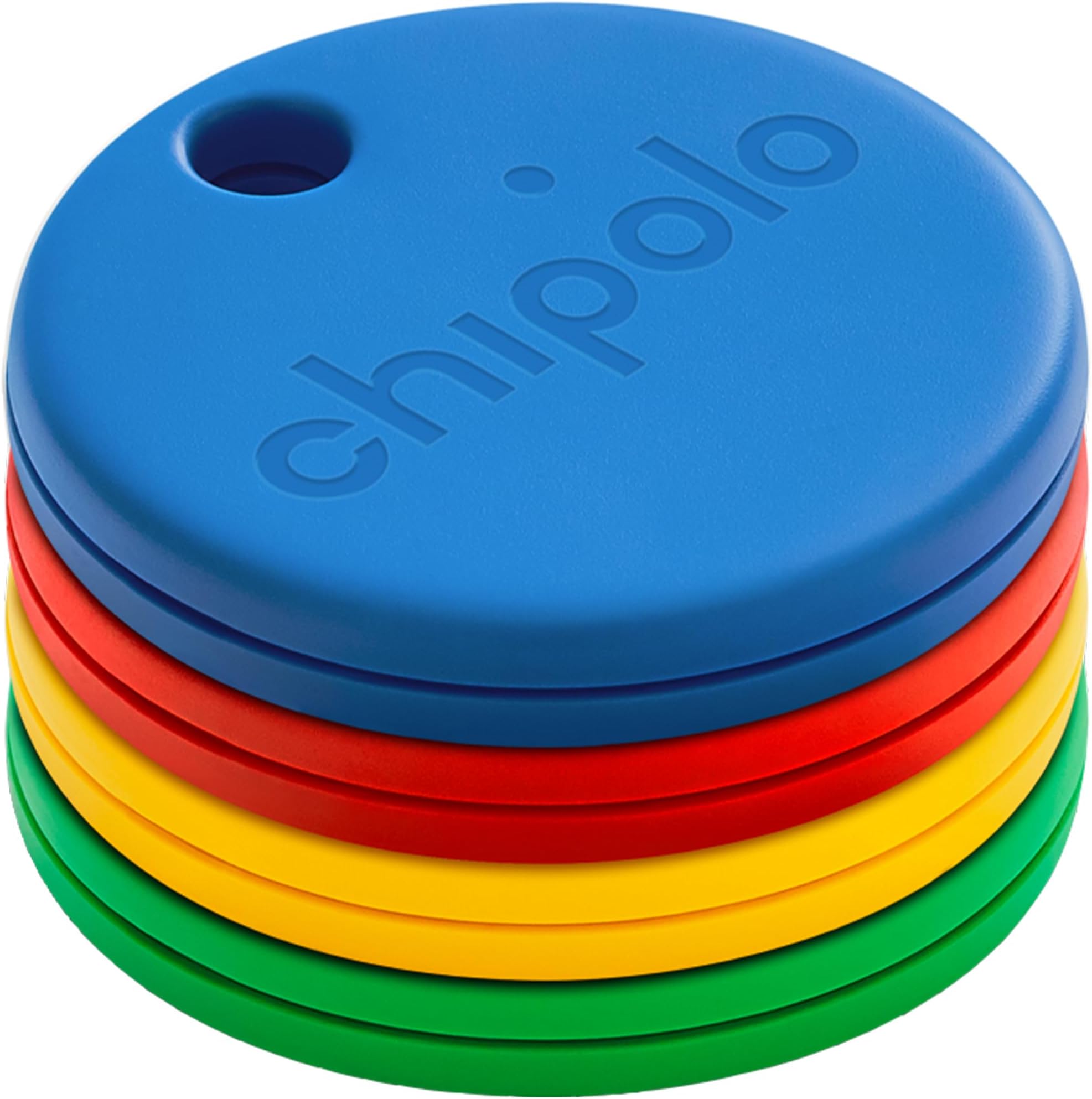 Chipolo ONE - 4 Pack - Key Finder, Bluetooth Tracker for Keys, Backpack, Item Finder, Premium Features, Out of Range Alerts, Works with Chipolo app (iOS & Android compatible) Blue, Red, Yellow, Green