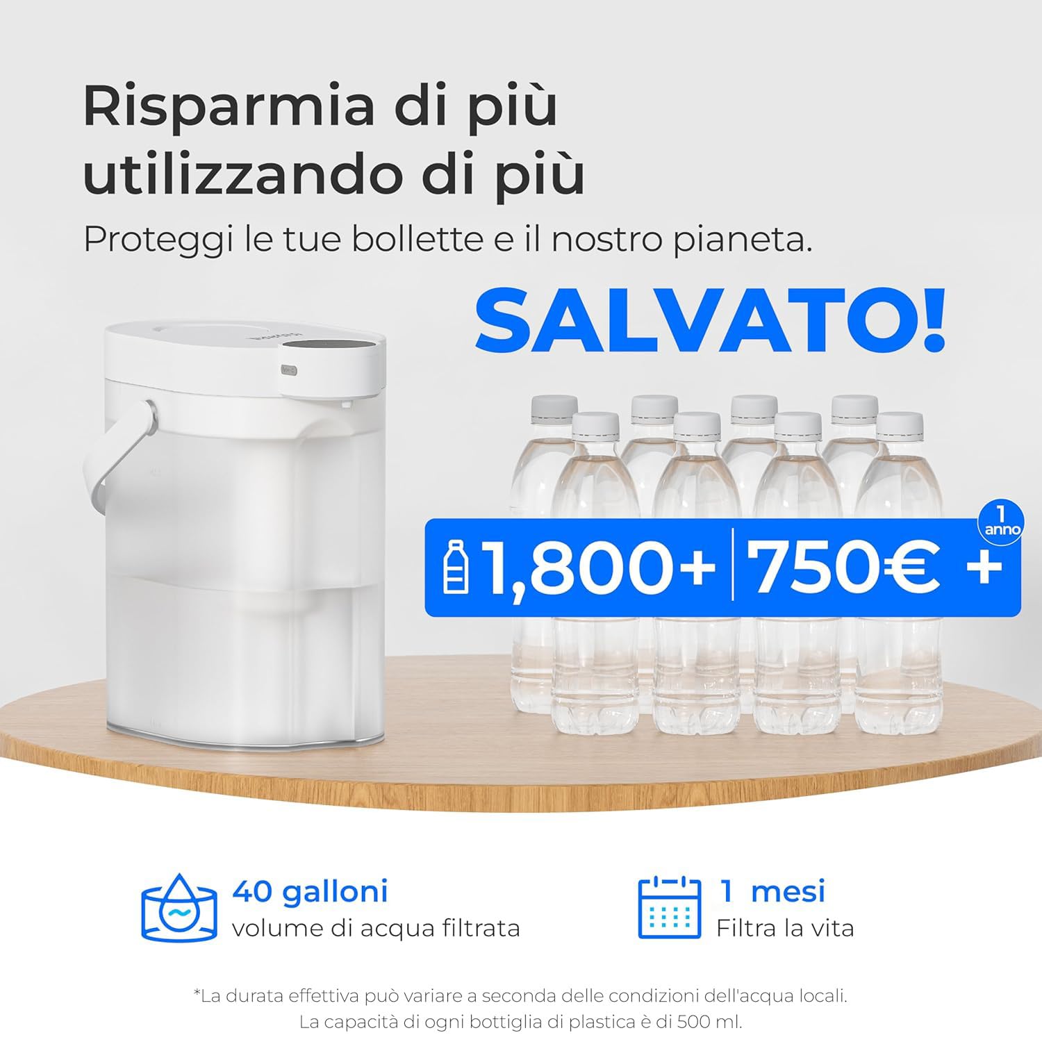 Waterdrop FreshTaste 𝐀𝐝𝐝𝐨𝐥𝐜𝐢𝐭𝐨𝐫𝐞 𝐃'𝐀𝐜𝐪𝐮𝐚 Caraffa Filtrante Elettrica L'Acqua, Dispenser Filtrante L'Acqua 4L per Frigorifero, Riduce Calcare, Cloro, Purifica, Bianco (Filtro: WD-EWFS)