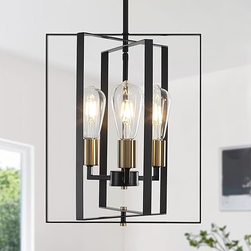 Miniatura 9 de Lámpara de araña moderna negra y dorada, lámpara de entrada de granja de 3 luces, iluminación colgante de techo industrial geométrica ajustable para