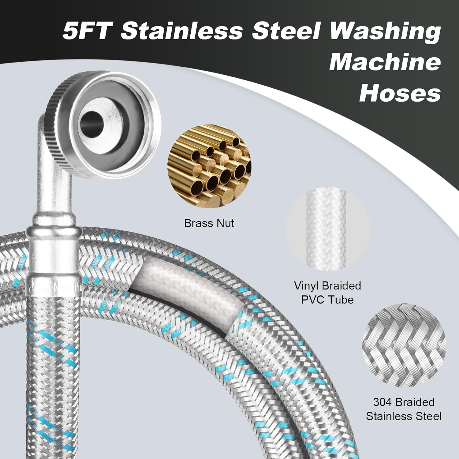 Washing Machine Hoses,5ft 90 Degree Elbow Washer Hoses,2pack ¾" Stainless Steel Braided Burst Proof Water Supply Lines Universal Fit to Hot and Cold Connector