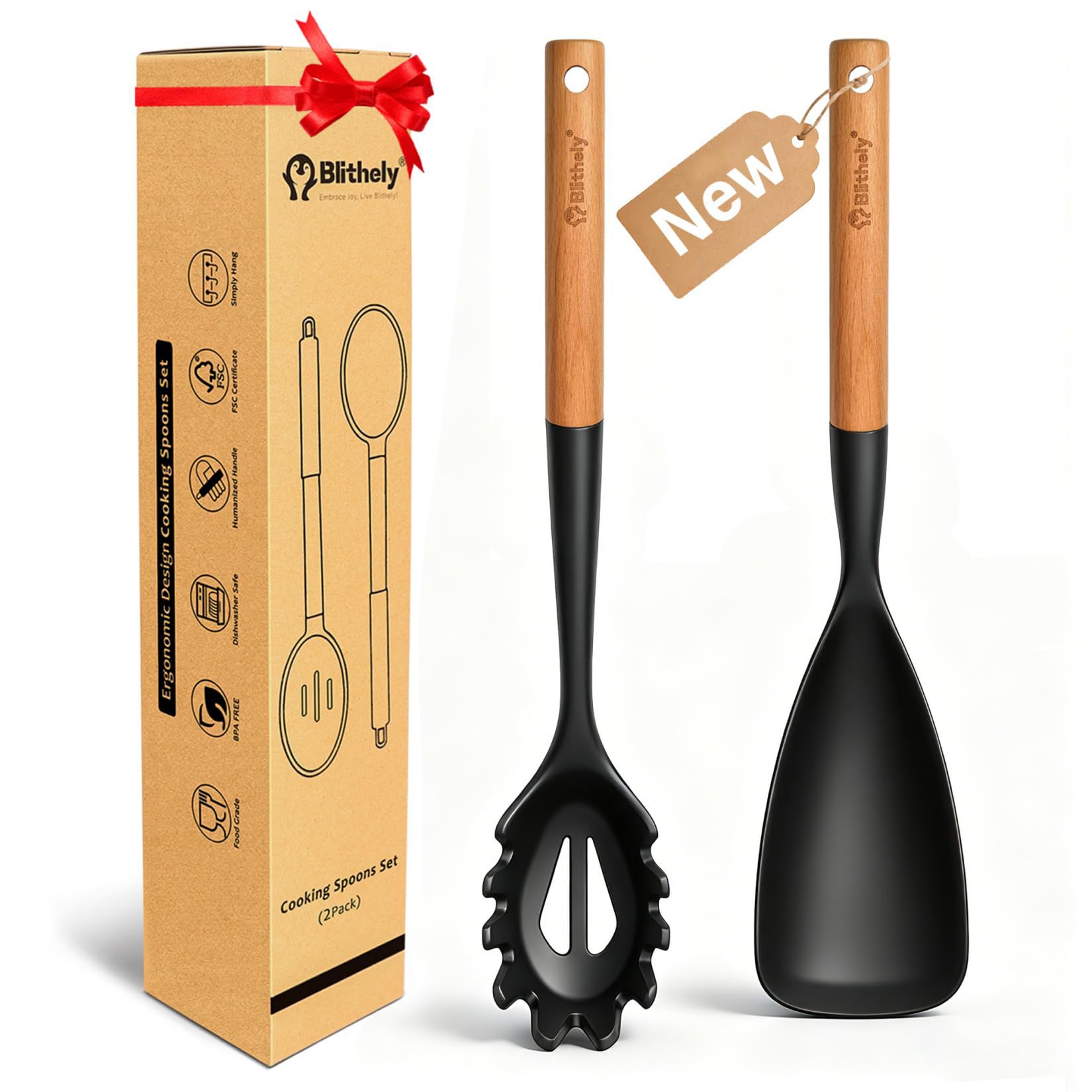Silikon-Kochlöffel und Pastagabel-Set, 2 Stück, große Spatel, Löffel-Set mit Holzgriff, Antihaft-Multifunktionslöffel zum Kochen, Servieren, Mischen und Spaghetti (schwarz)