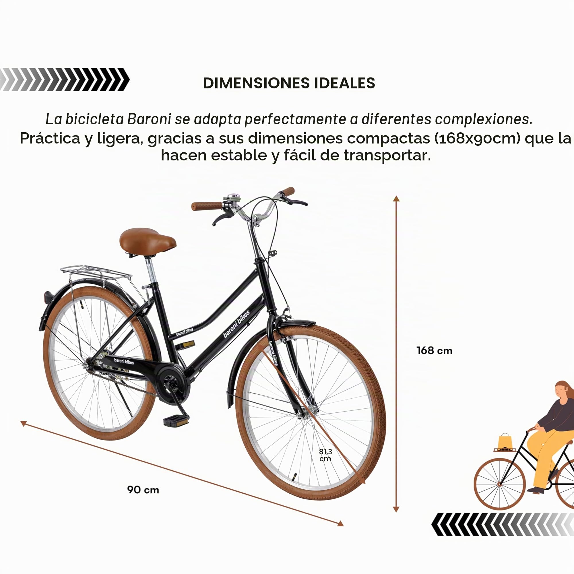Baroni Home Bicicleta de paseo para hombre y mujer, con timbre, manillar y sillín ajustable, bicicleta con doble freno delantero y trasero, bicicleta de ciudad, negro y marrón, 168 x 90 cm