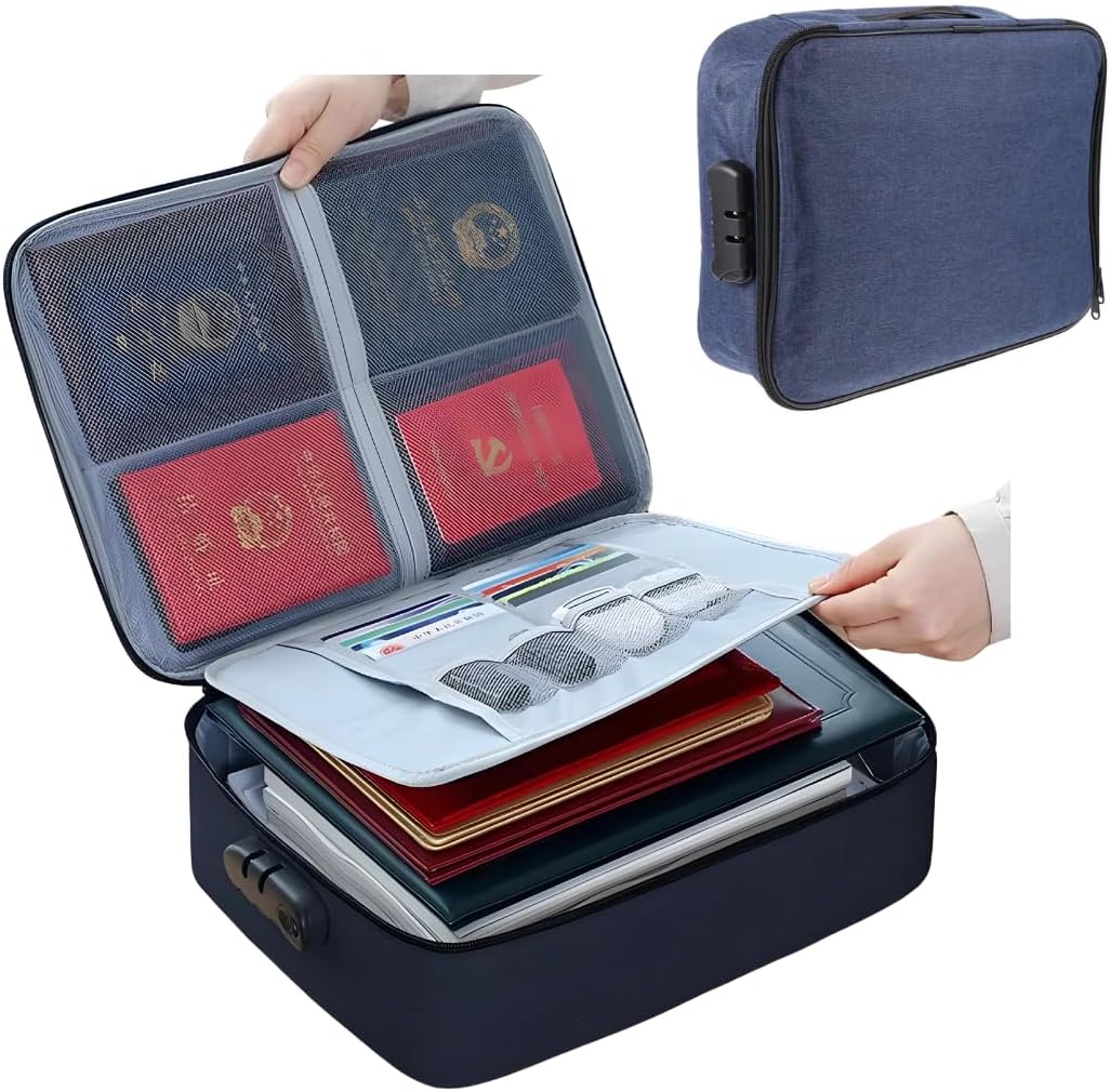 Document Organizer for Passport, Legal documents, Files Folder, Bank Cards, Certificates, Waterproof Document Bag for Portfolio Storage Bag with Password Lock, A4 Letter Size (Blue Colour)