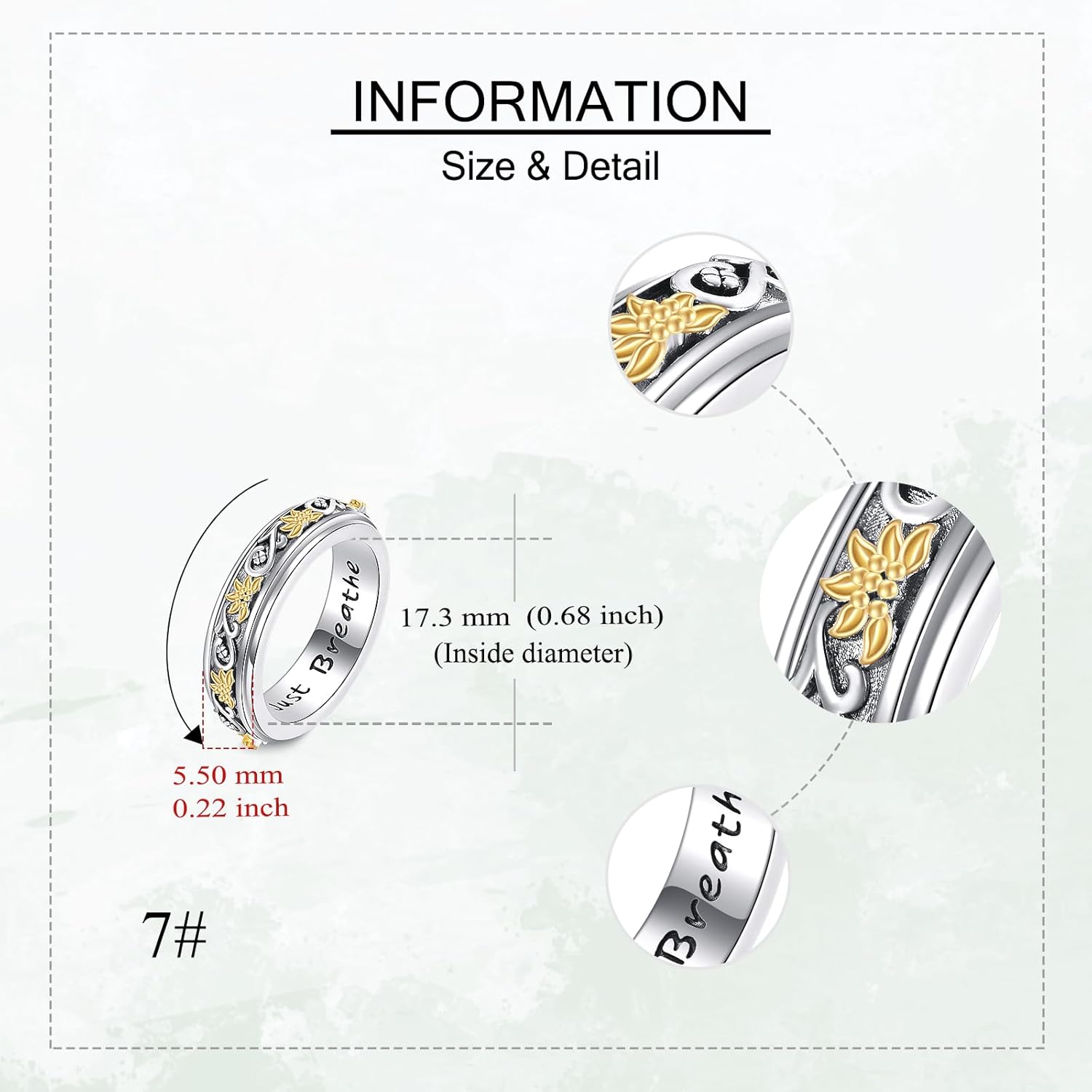 YFN Just Breathe Fidget Ring Sterling Silver Sunflower Anxiety Spinner Fidget Adjustable Size 7 Ring Autism Jewelry Gifts for Women