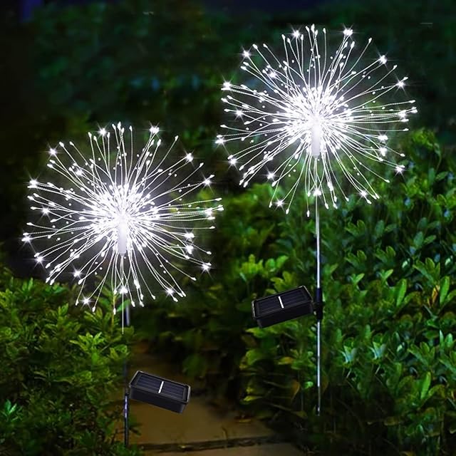 yowin 2 Pack Solar Firework Lights 120 LED Starburst Lights, 8 Lighting Modes Solar Garden Dandelion Lights, Outdoor Waterproof Copper Wire Pathway Lights for Patio Lawn Decorations (Cool White)
