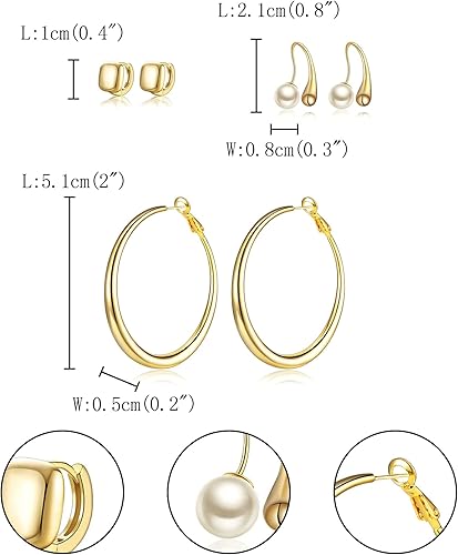 Miniatura 5 de FANZE 3Pairs 14K Gold Plated Earrings Set, Hoop Earrings, Dangle Huggie Earrings Lightweight, Jewelry Gift Women Girls