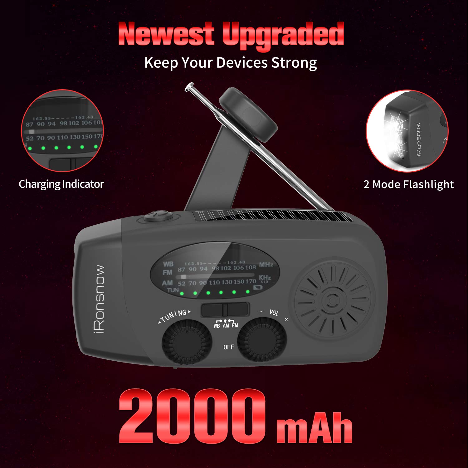 Buy 【Upgraded 2000mAh】 iRonsnow Solar Emergency NOAA Weather Radio