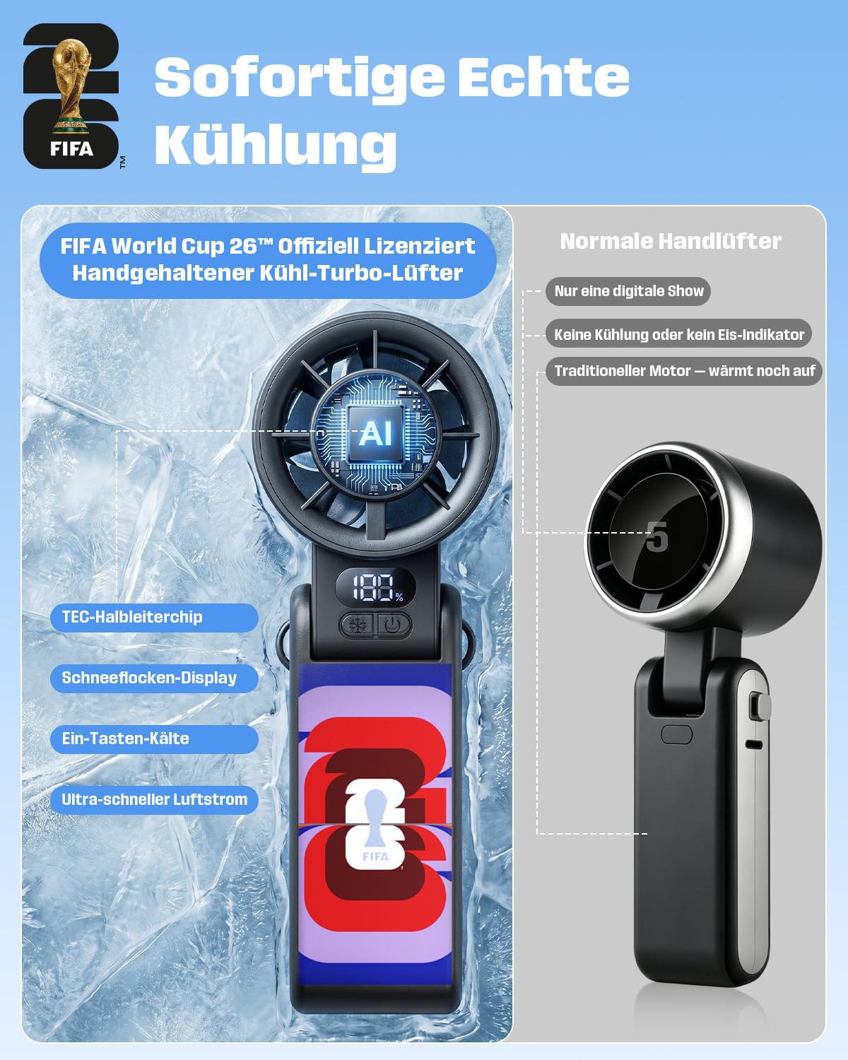 FIFA WM 2026 Handventilator Akku Aufladbar, Turbo Fan mit Kühlfunktion | 1-199 Stufenlos, 3600 mAh, 13.500 U/min, 150° Neigbar, Perfekte Geschenk für Fußballfans, Farbig | Offiziell Lizenziert