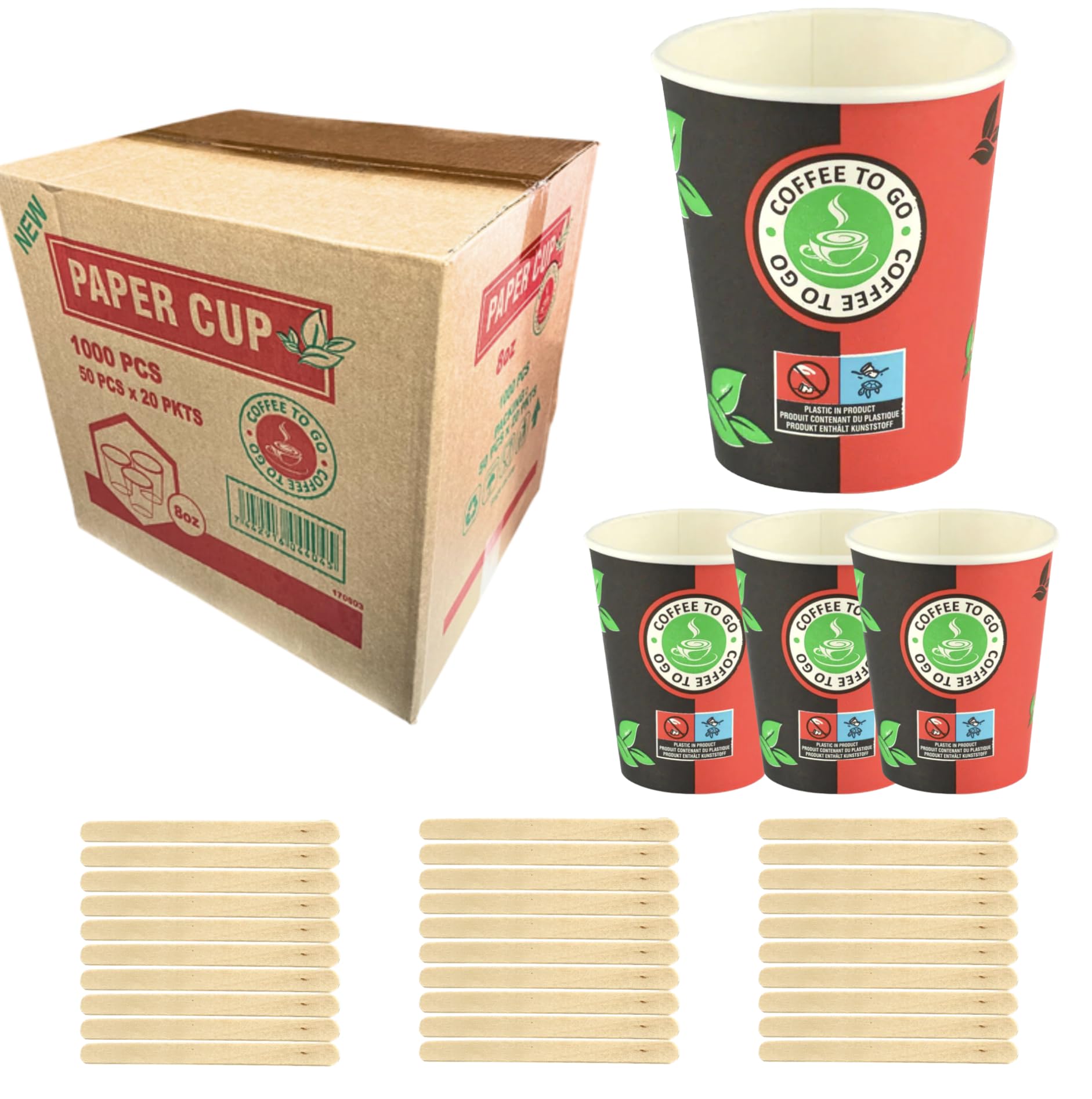 Juego de 1000-8 oz (200 ml) - Vasos de cartón, Vasos de papel biodegradables ecológicos desechables para agua caliente fría - Incluye agitadores de madera prácticos