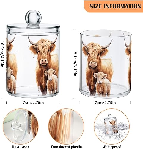 Miniatura 3 de Paquete de 4 dispensadores de soporte Qtip con tapas, contenedores de almacenamiento de plástico de vaca Highland, organizador de recipientes de