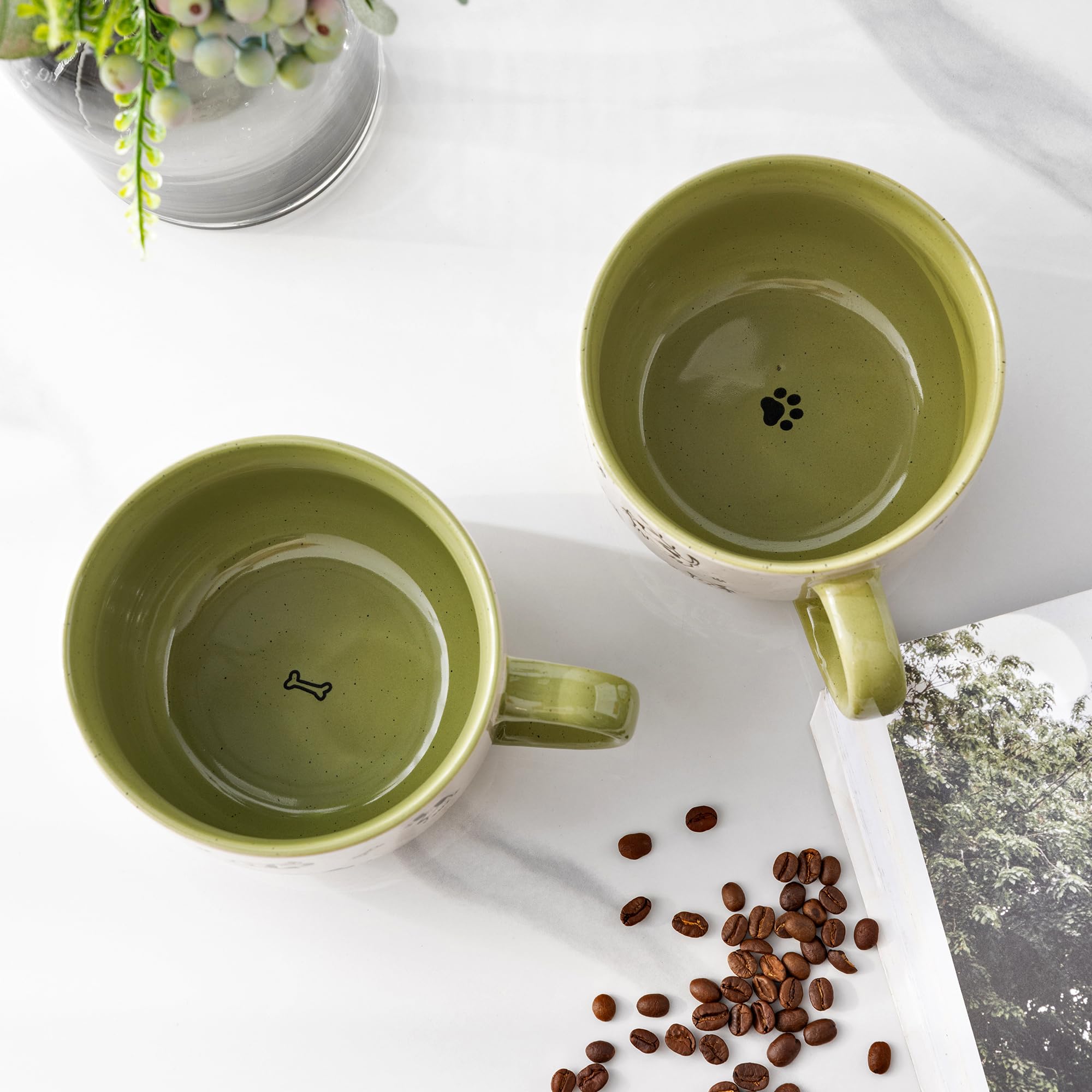 Condition photo showing New/Like New for amorarc 32 ounces ceramic soup mugs with lids and handle, stoneware bowls cup set of 2 for soup, stew, noodle, beautiful mug bowls with lovely dog,cat patterns, microwave&dishwasher safe, olive