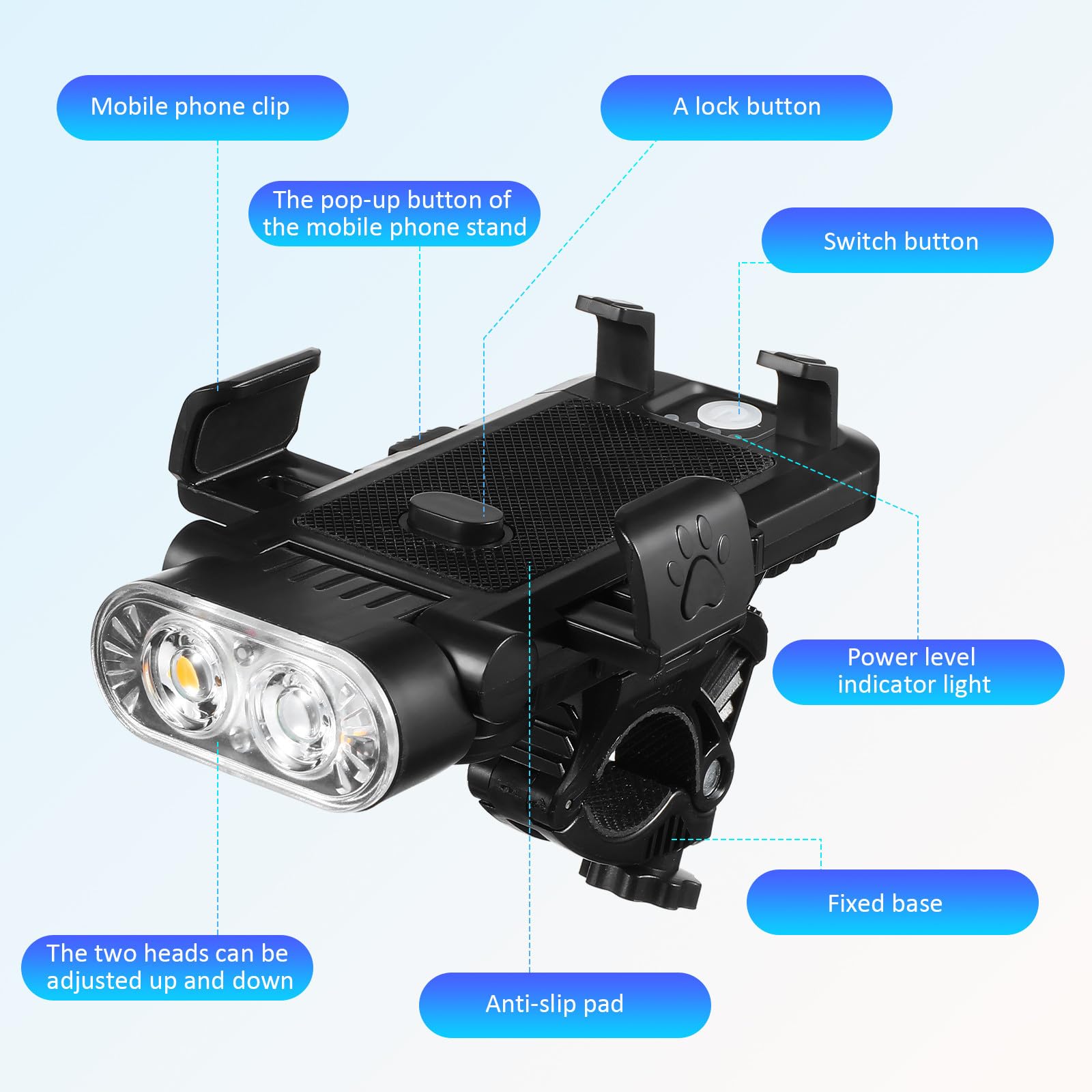 Luces LED para Bicicleta Batería de Gran Capacidad 4000 Mah, Soporte Ajustable para Teléfono, Diseño Dual LED y Material Abs para Ciclismo Diario y Paseos Nocturnos