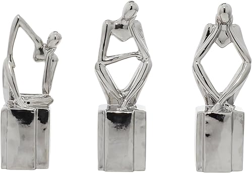 Miniatura 4 de CosmoLiving by Cosmopolitan Escultura decorativa de porcelana de cerámica, pensador sentado para decoración del hogar, juego de 3 figuras