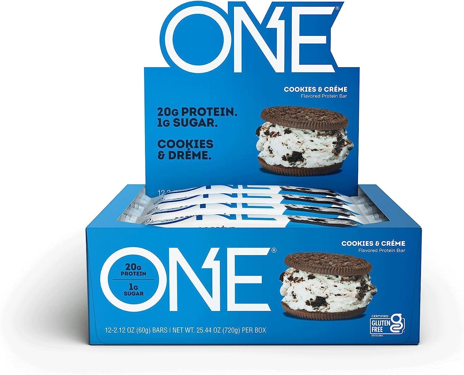 ONE Protein Bars, Cookies & Creme, Gluten Free Protein Bars with 20g Protein and Only 1g Sugar, Guilt-Free Snacking for High Protein Diets, 2.12 oz (12 Count)